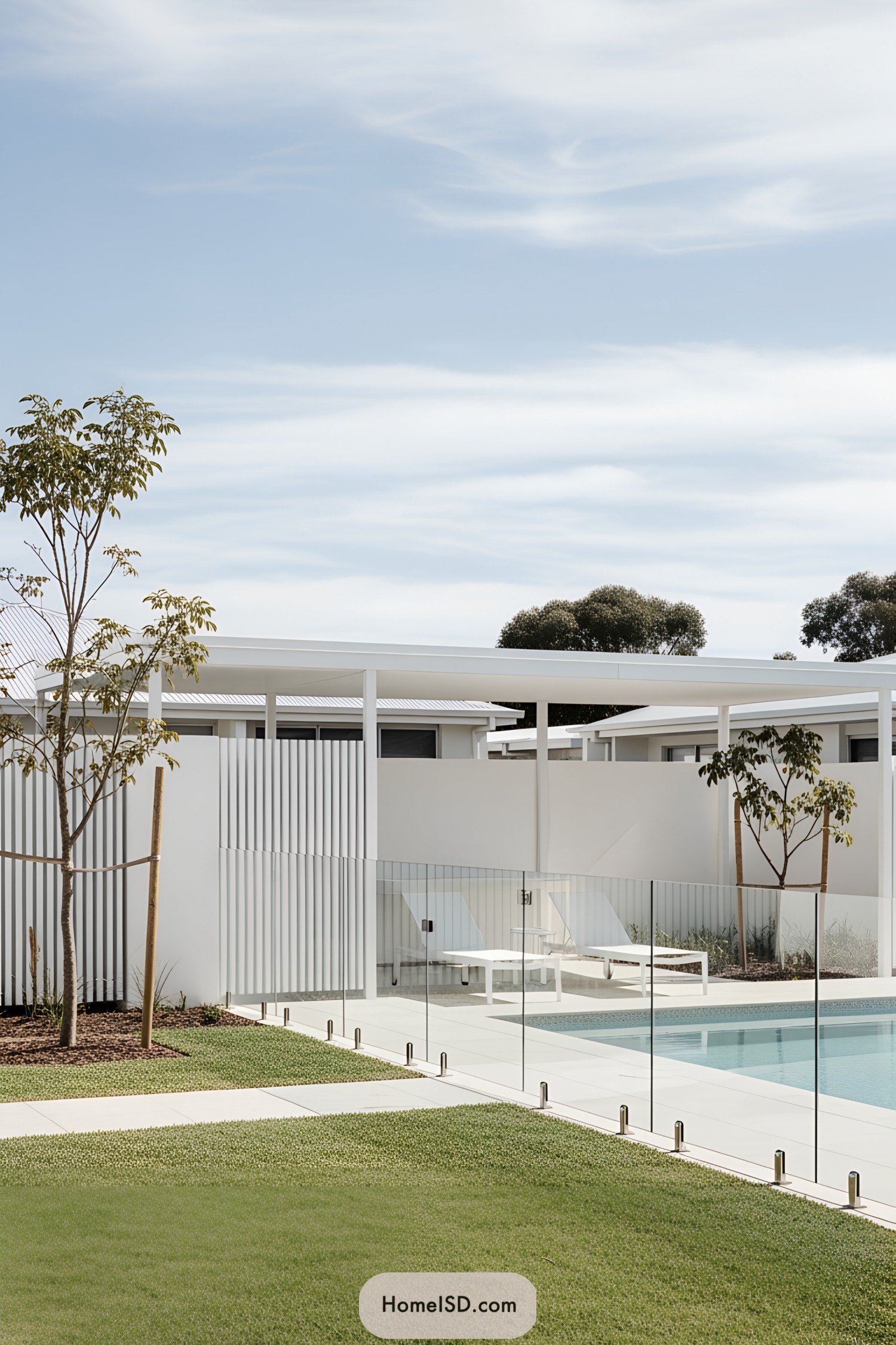 Modern pool area with glass fence and white lounge chairs