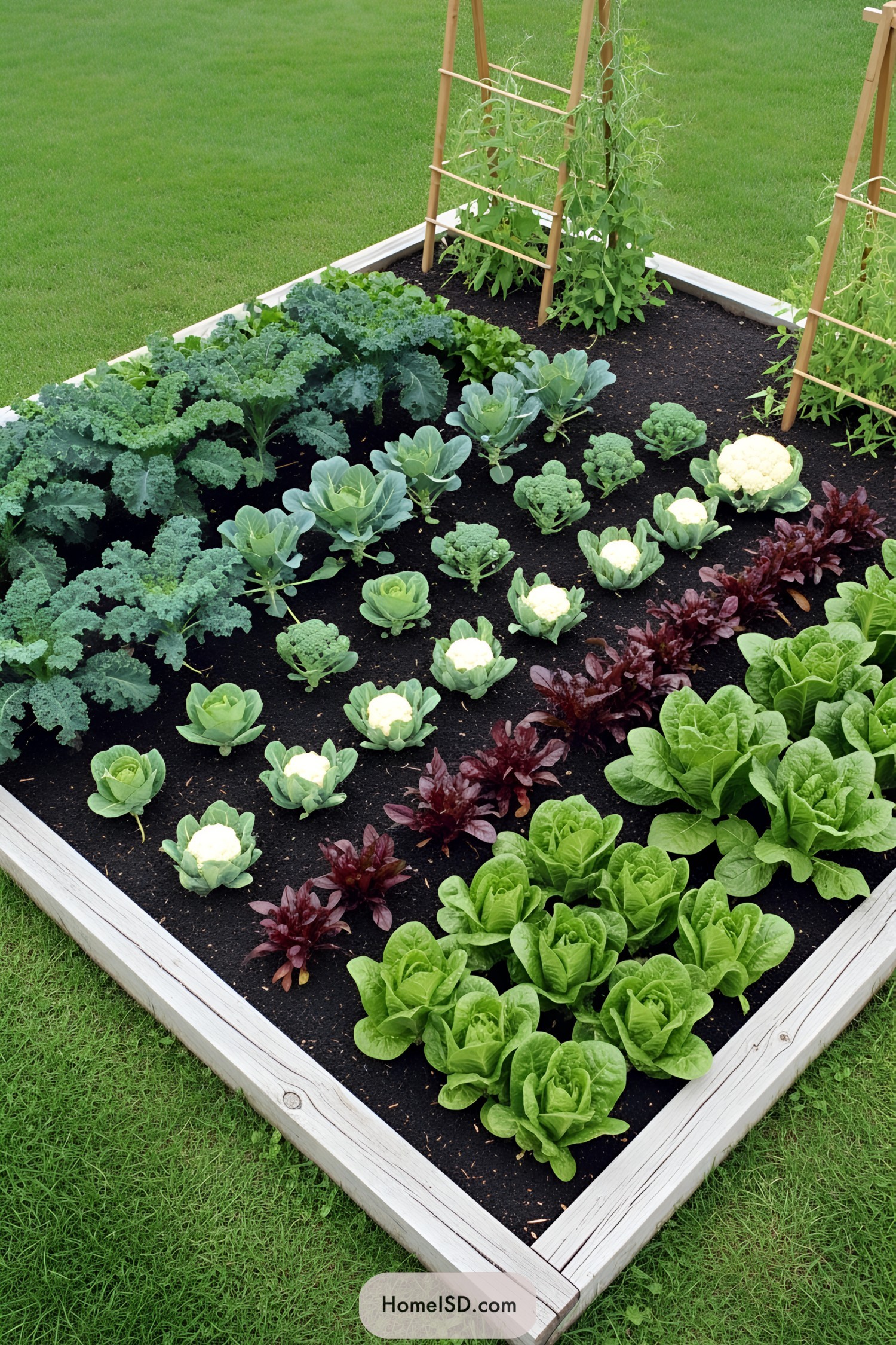 Thriving autumn vegetable garden with leafy greens and trellises