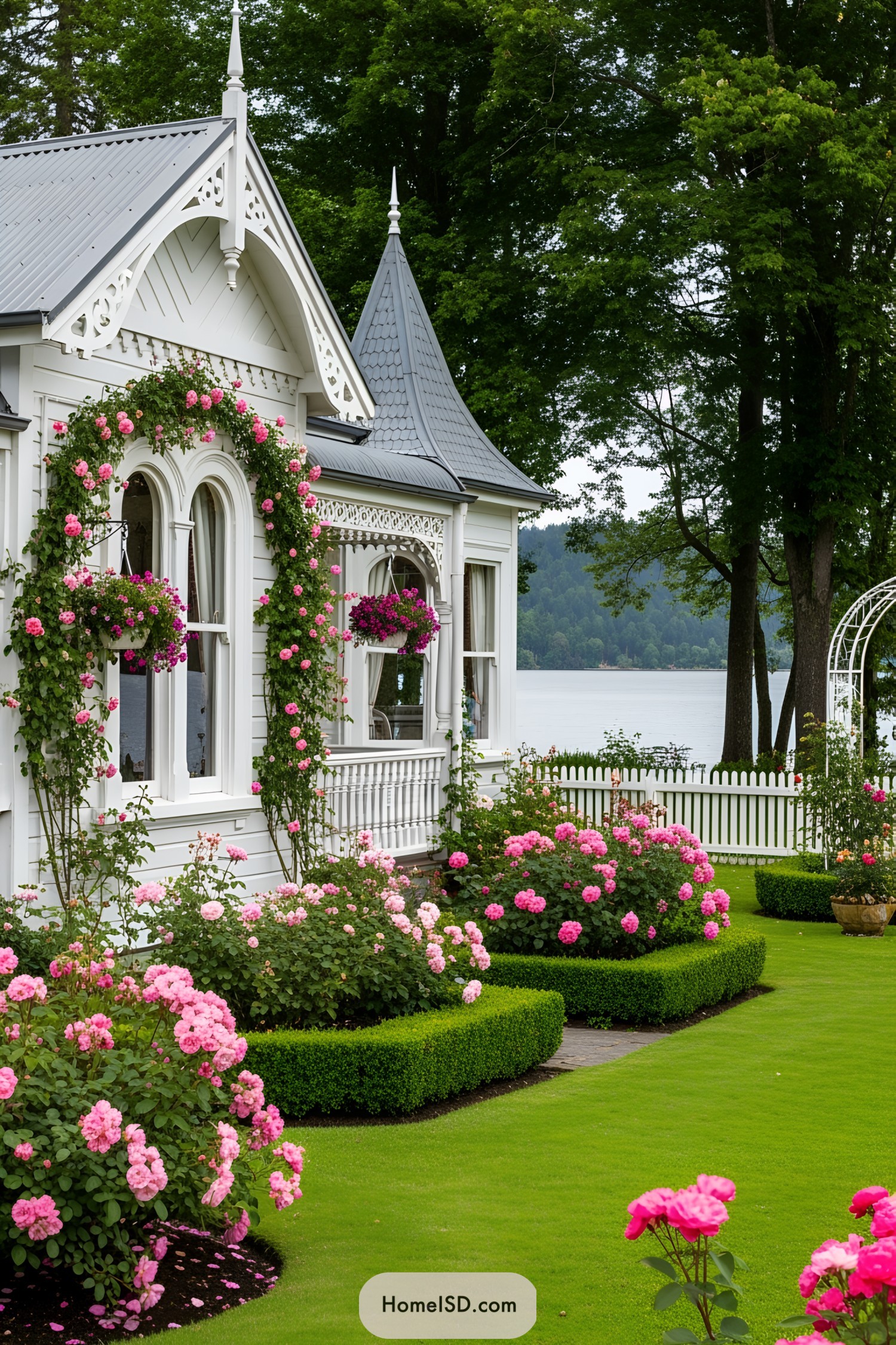 Pink roses and white cottage by a calm lake