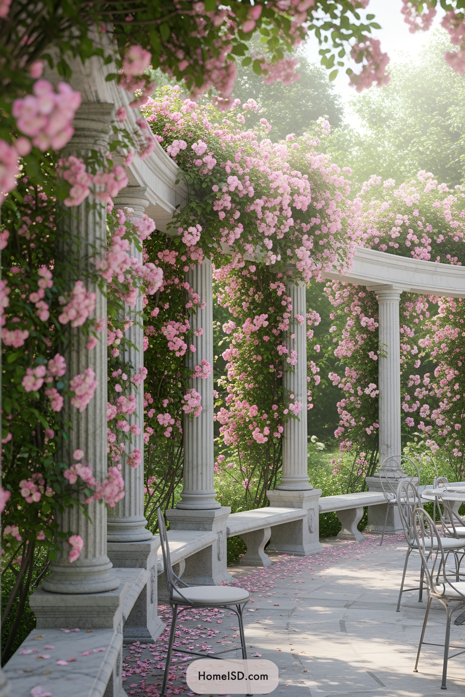 Stone columns adorned with pink flowers