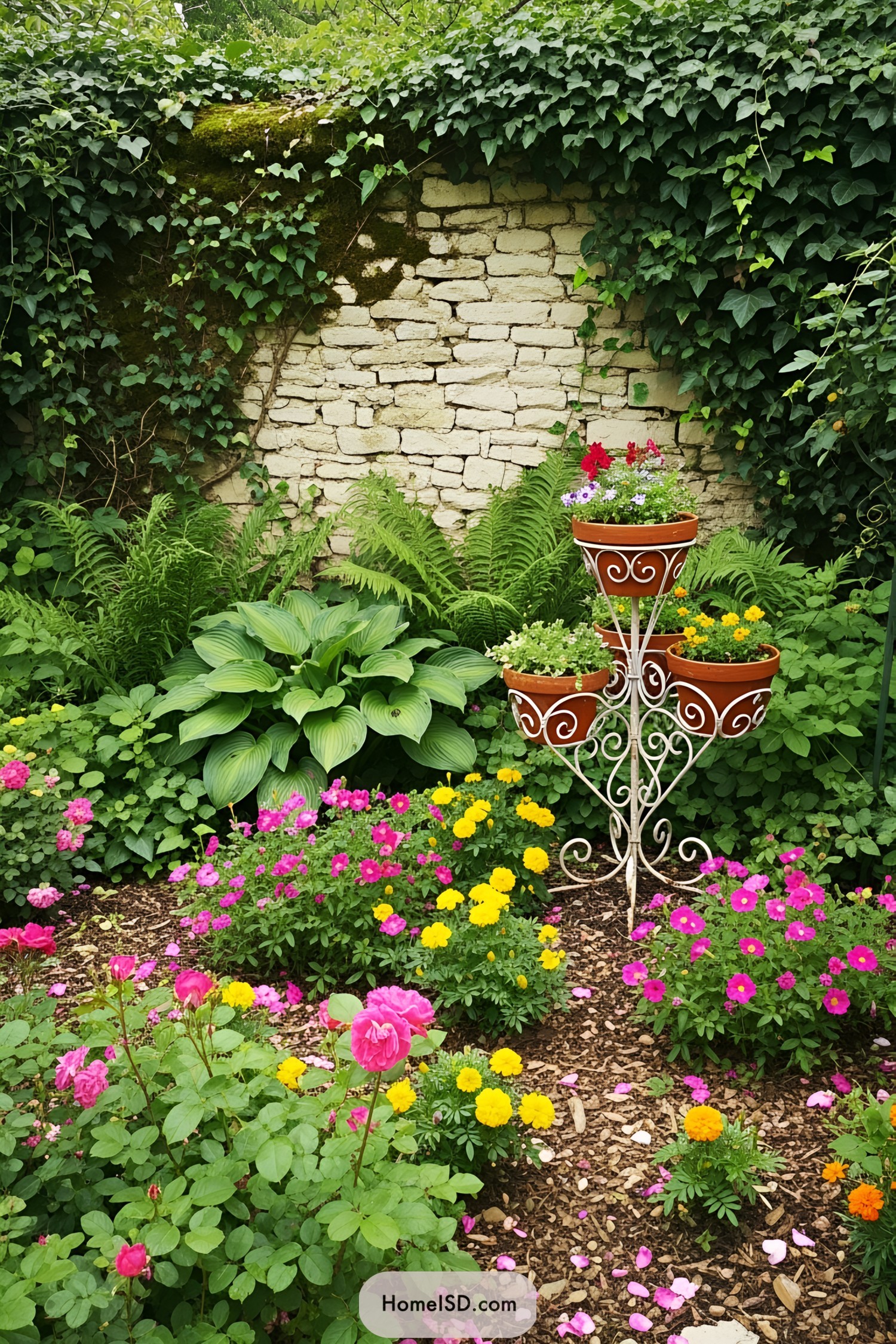 Colorful flower pots arranged on a decorative metal stand in a lush garden