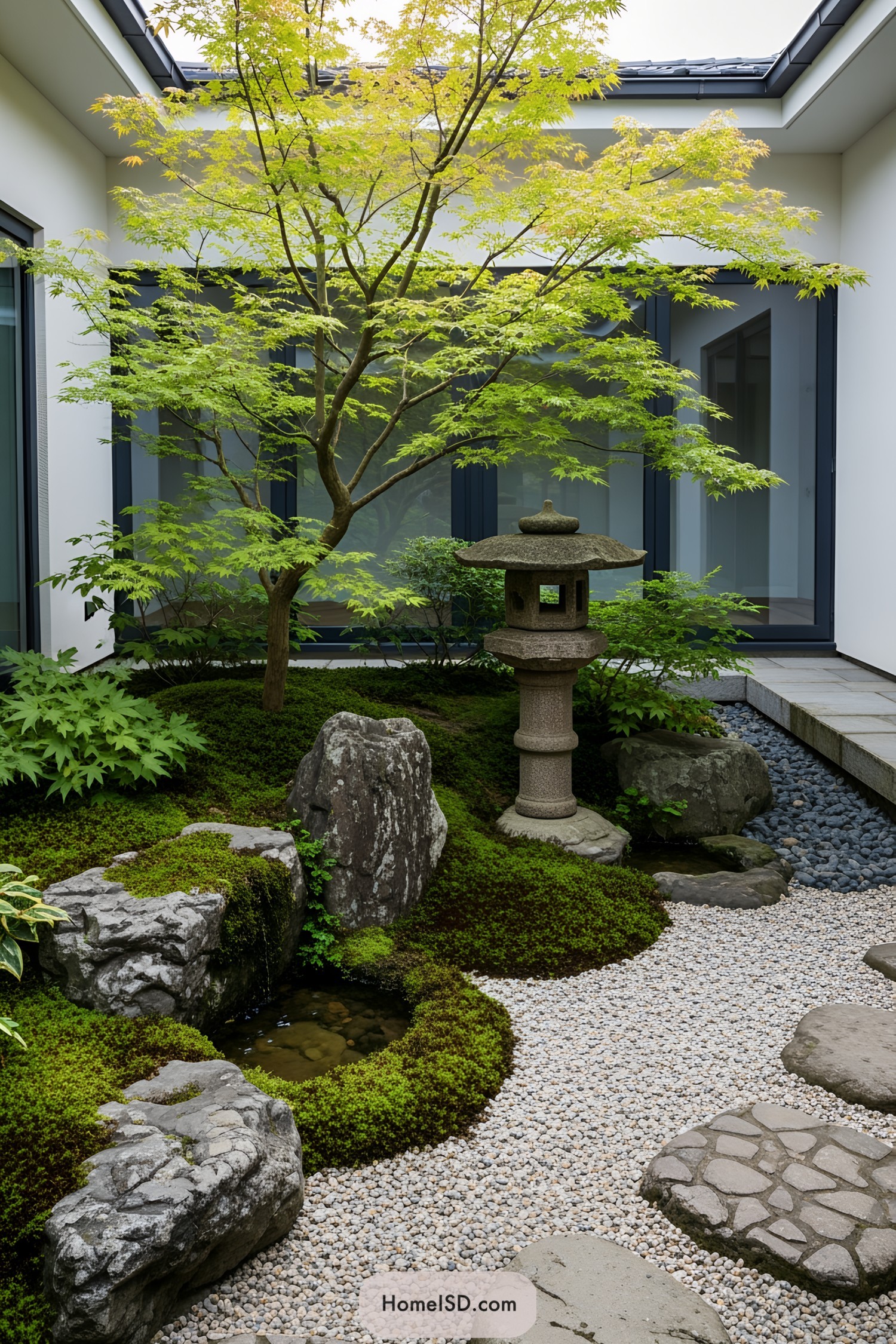 Serene Japanese garden with stone lantern and maple tree