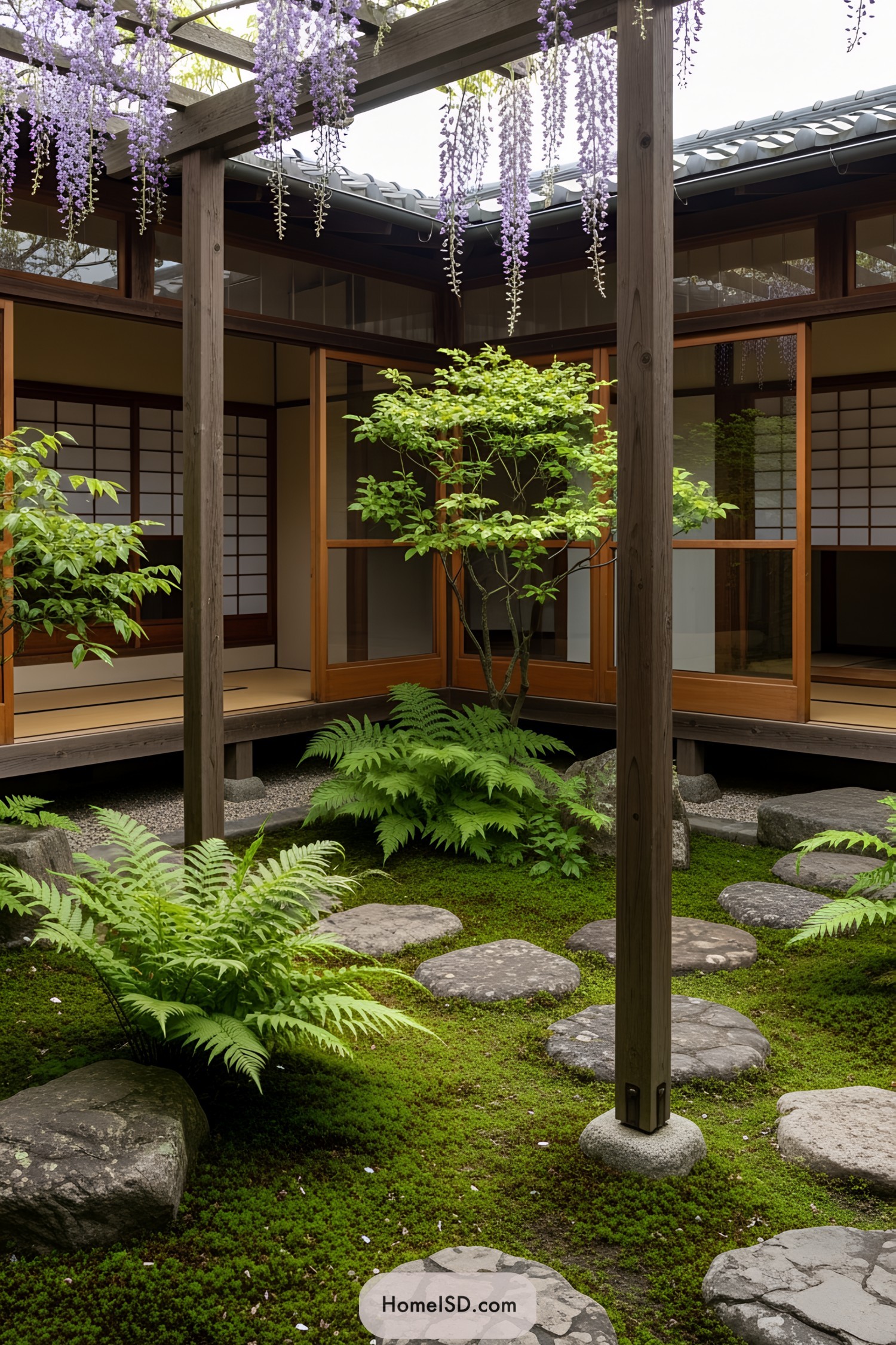 Mini Japanese garden with wisteria, stepping stones, and lush greenery