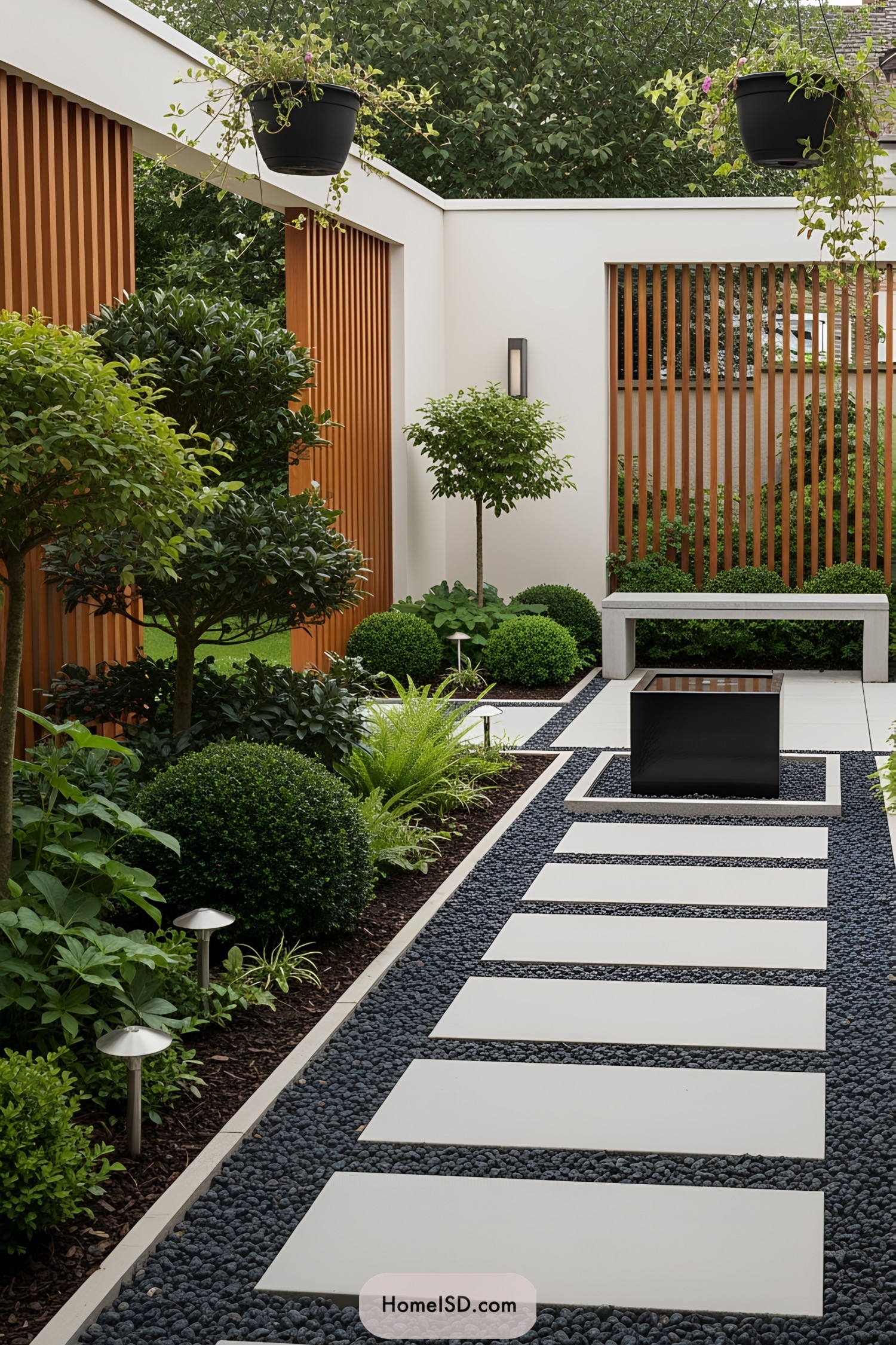 Serene miniature garden with green plants and stone path