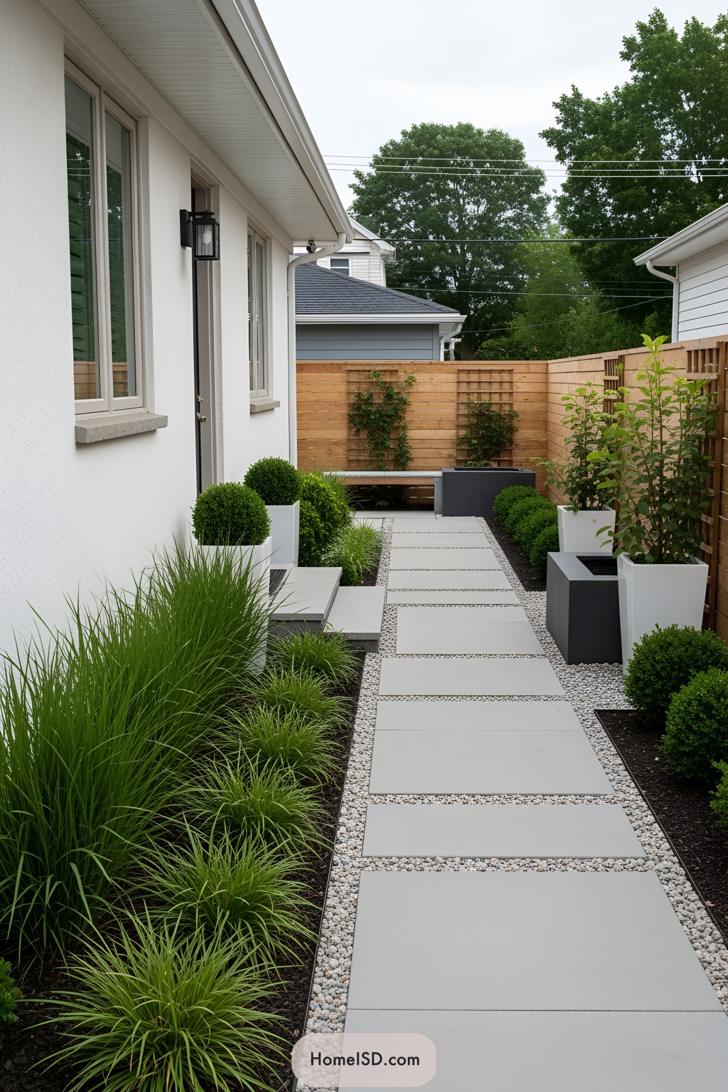 Modern side yard with sleek pavers and lush greenery