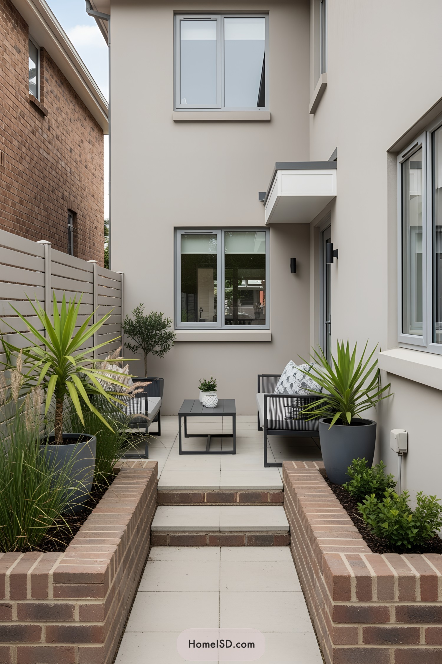 Modern side yard with plants, seating area, and tiles