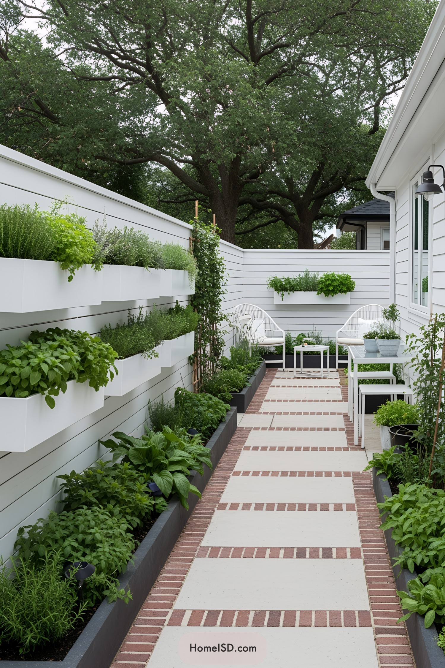 Lush side yard garden with seating and potted plants