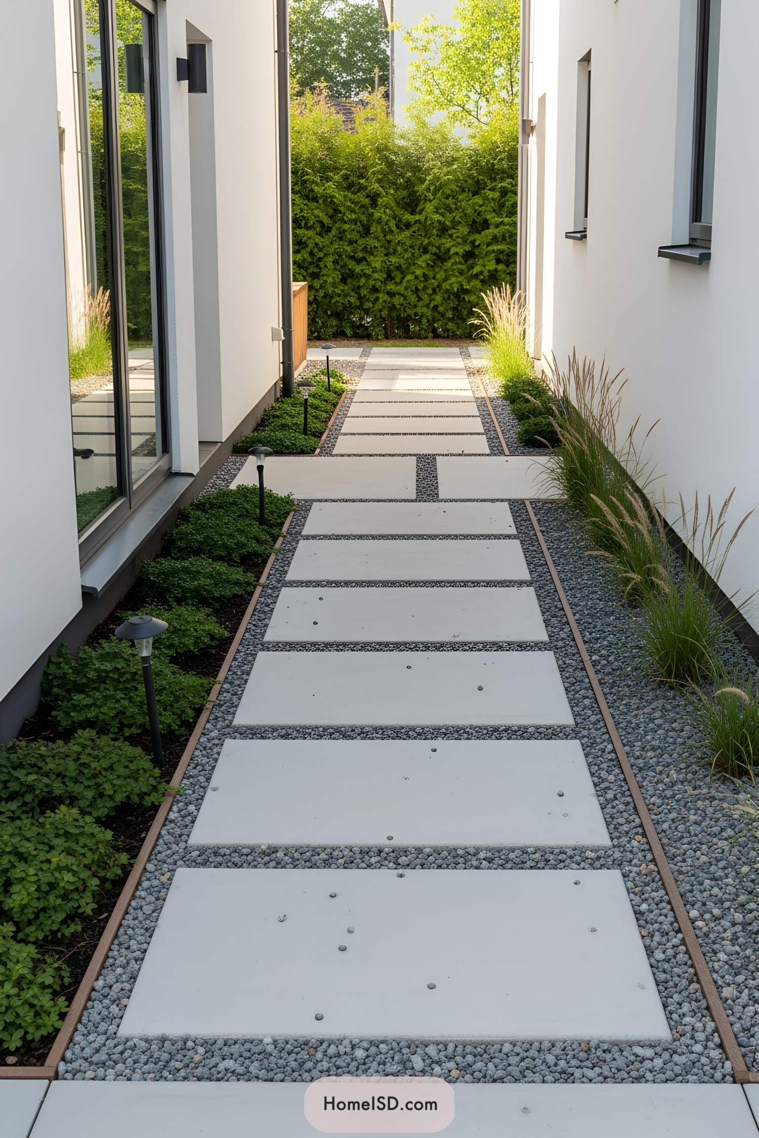 Contemporary side yard with white paving stones and greenery