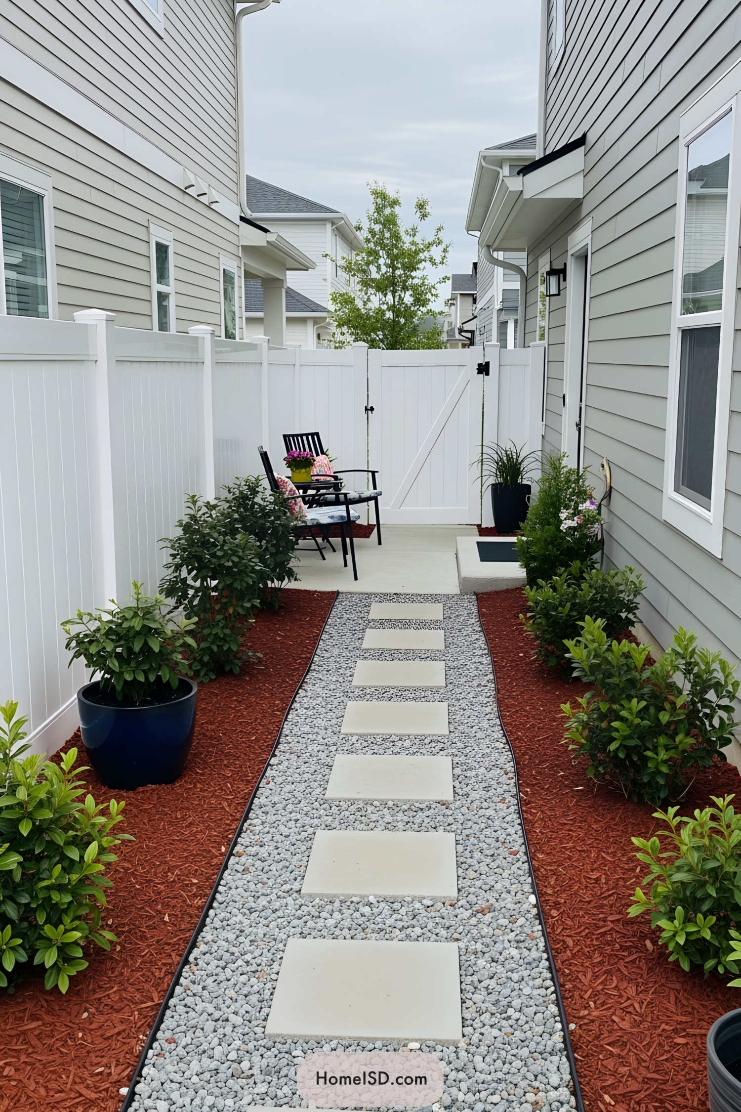Side yard with a stone path, plants, and seating