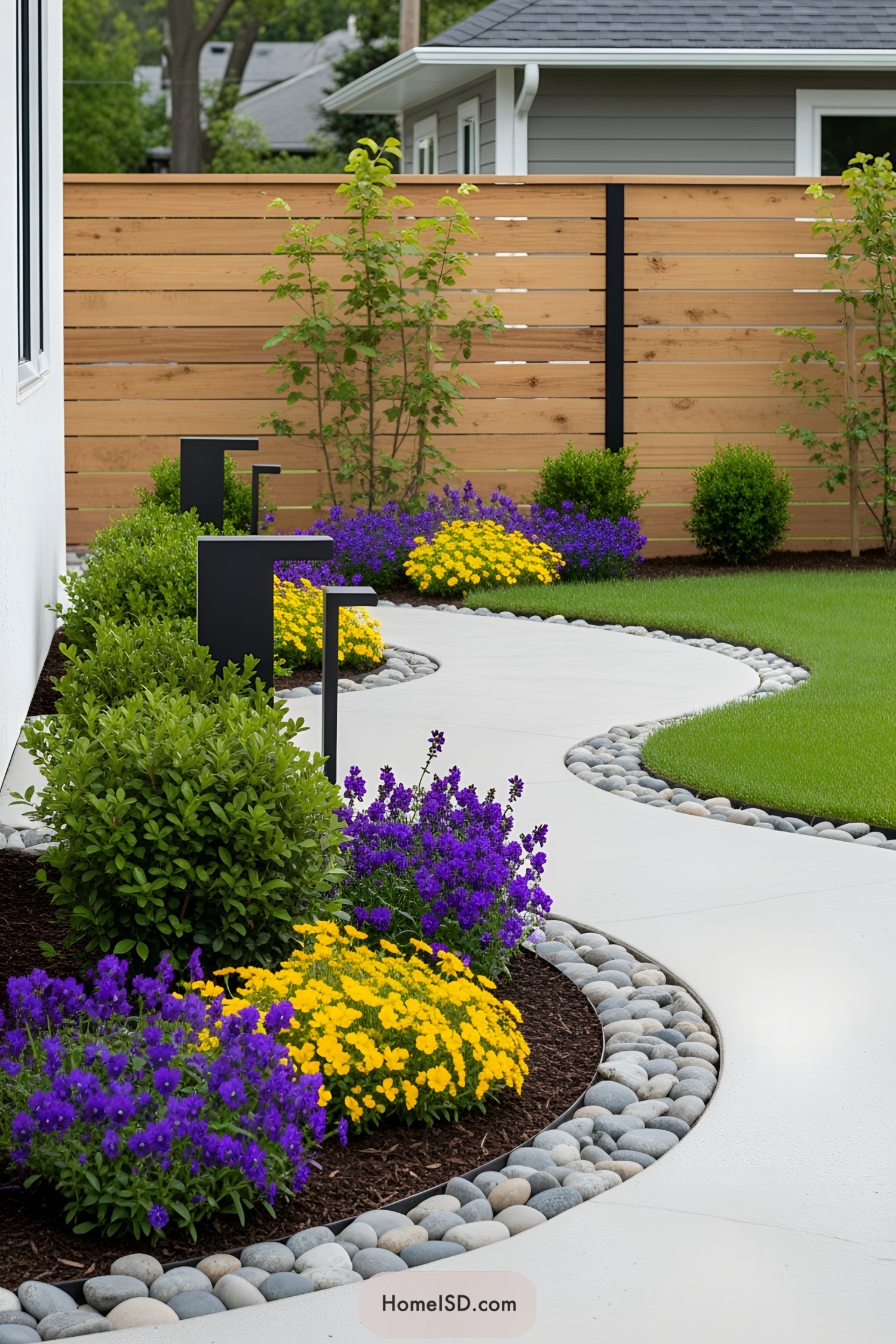 Curved pathway with vibrant flowers and minimalist lights