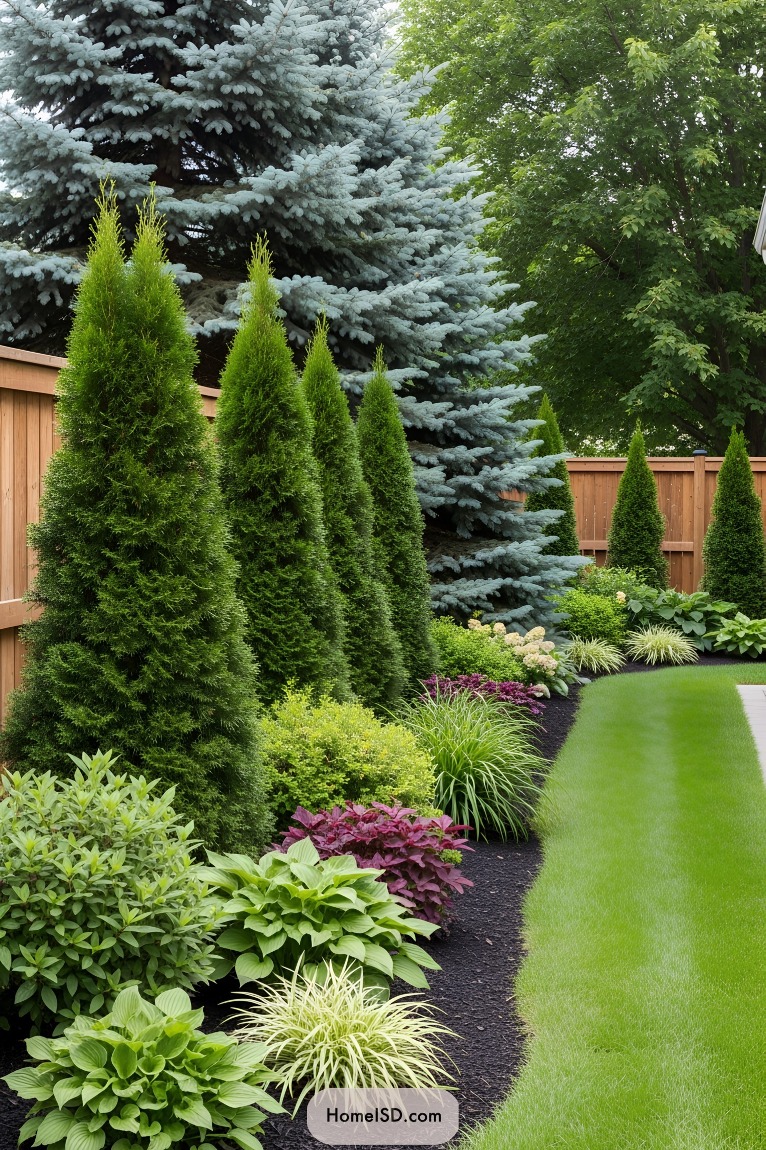 A lush side yard with vibrant plants and trees