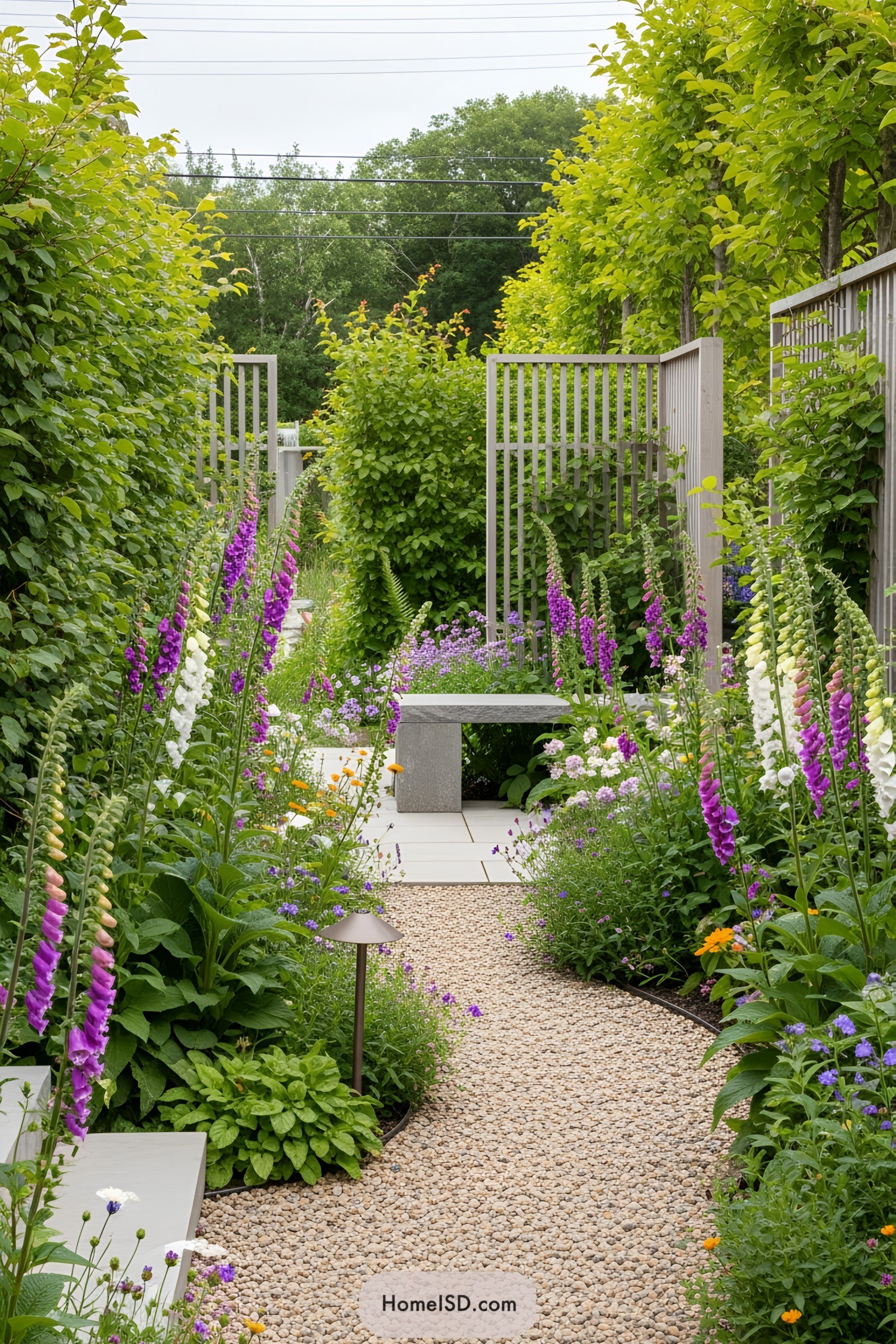 Colorful flowers line a pebble pathway bordered by lush greenery