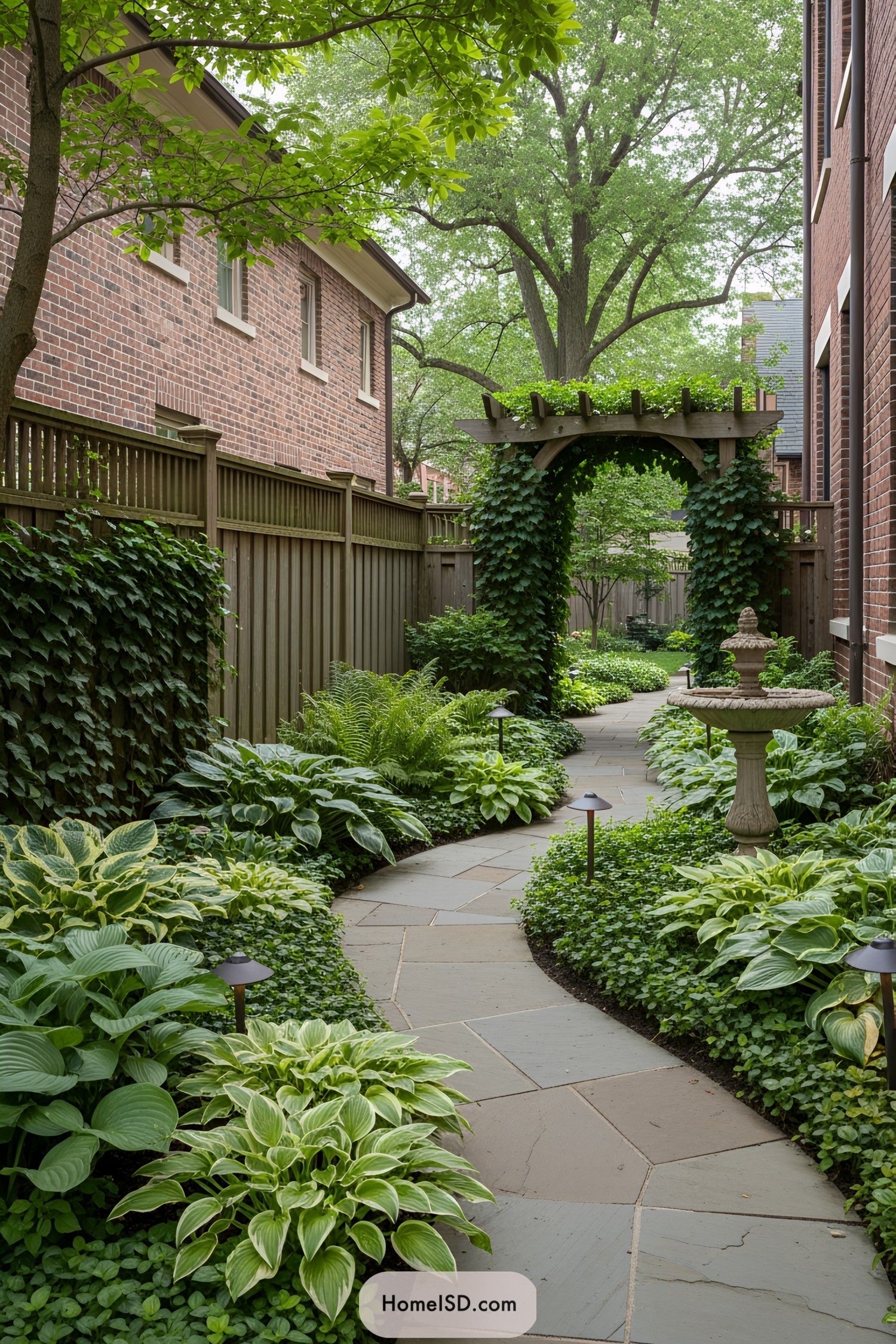 Lush side yard with a stone pathway and archway