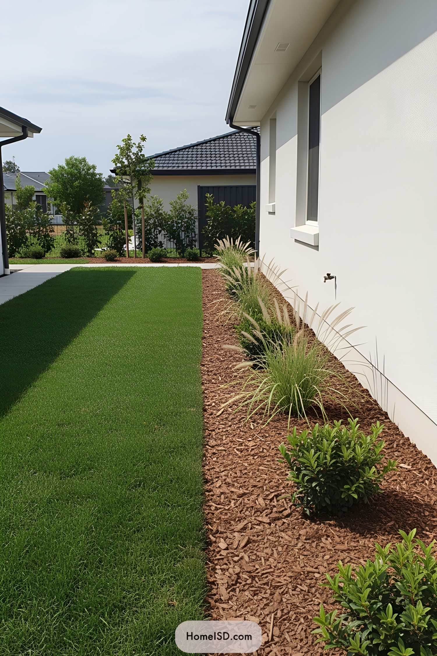 Side yard with grass, mulch, and plants