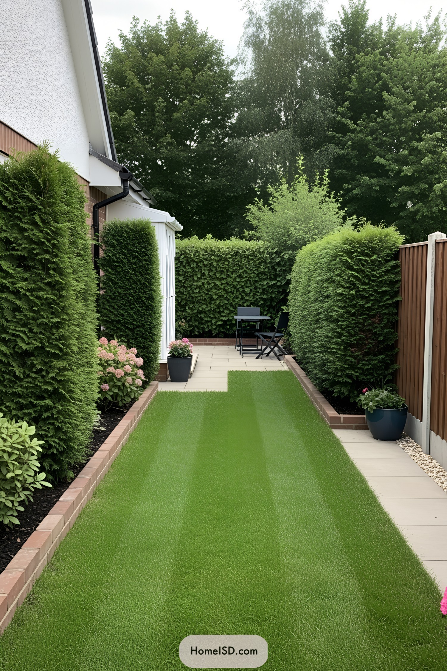 Lush side yard with manicured lawn and seating area
