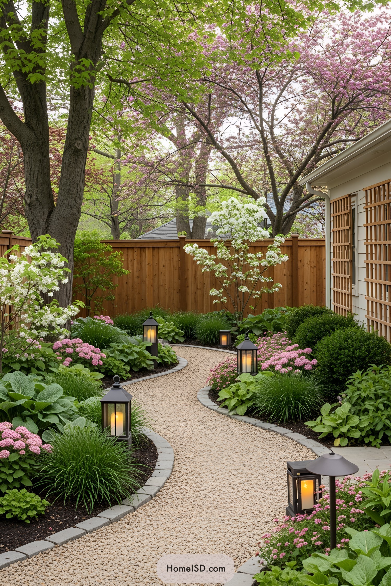 Pathway surrounded by lush greenery and flowers with lanterns