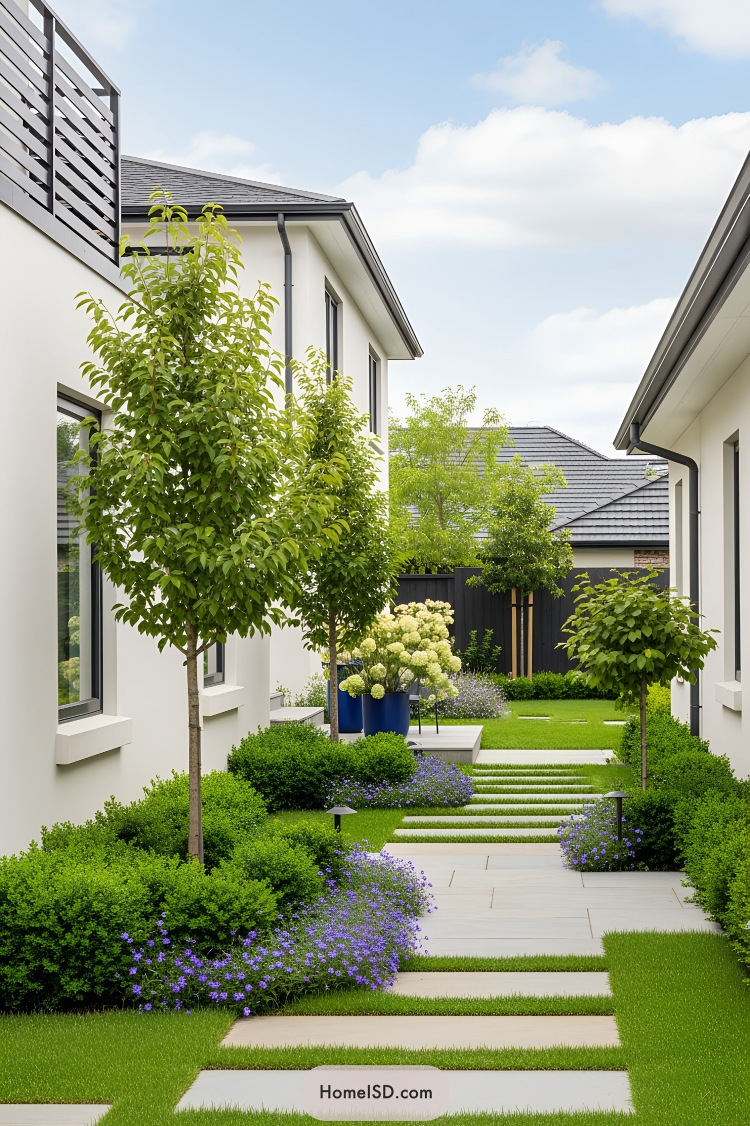Beautifully landscaped side yard with neatly trimmed grass and vibrant blooming plants