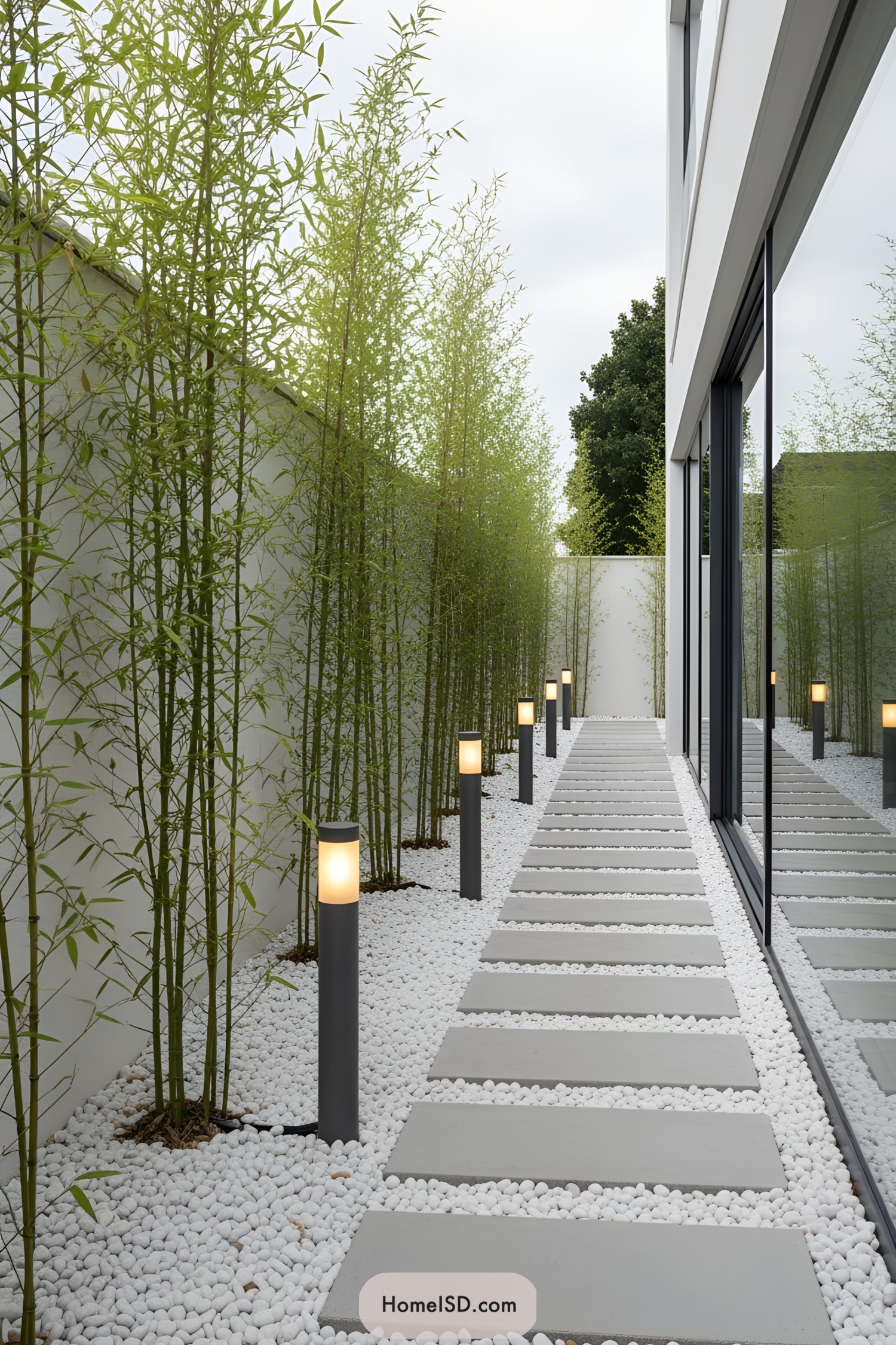 Modern side yard with pathway and bamboo plants