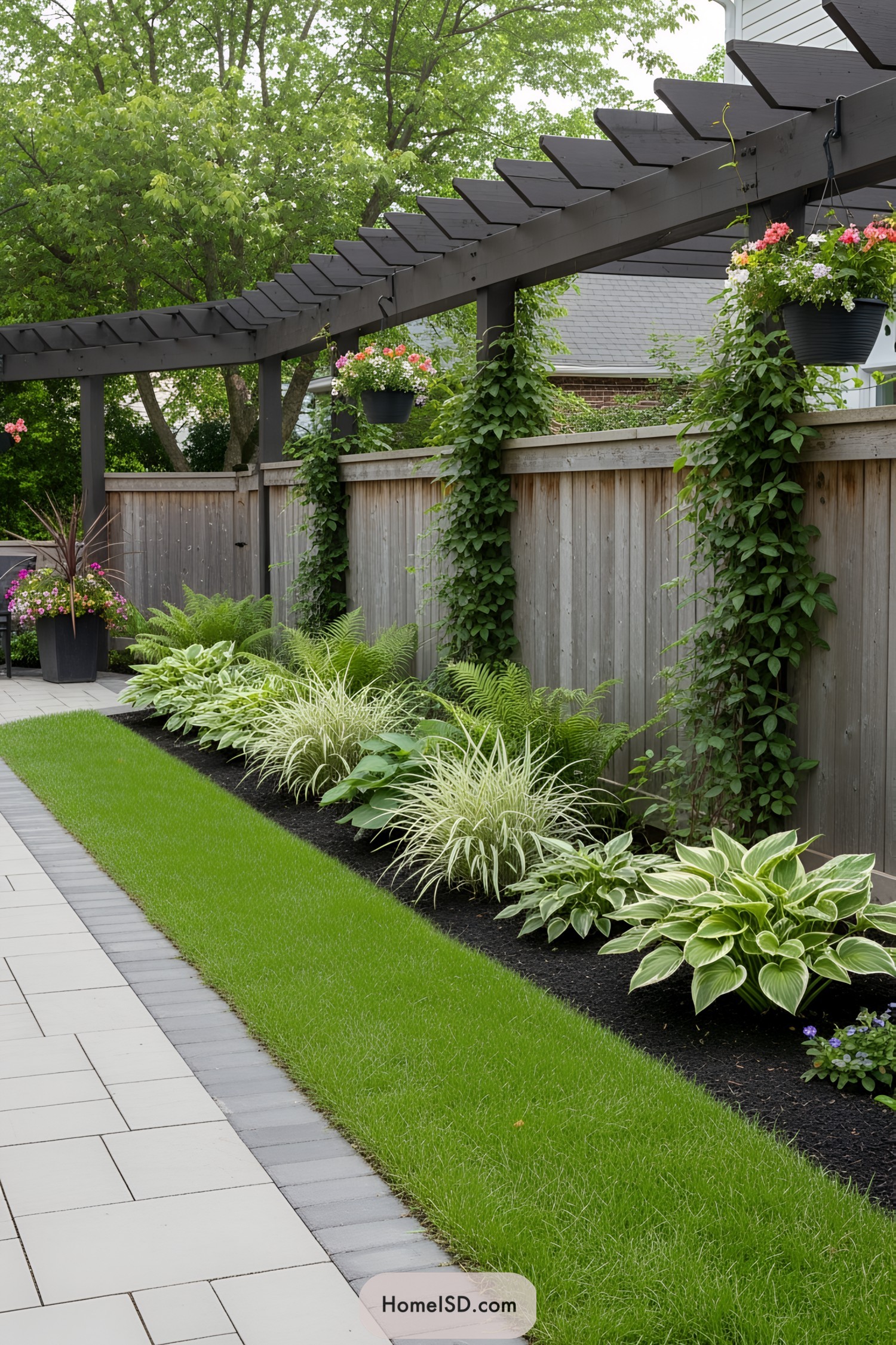 Elegant garden path with vibrant foliage and wooden pergola