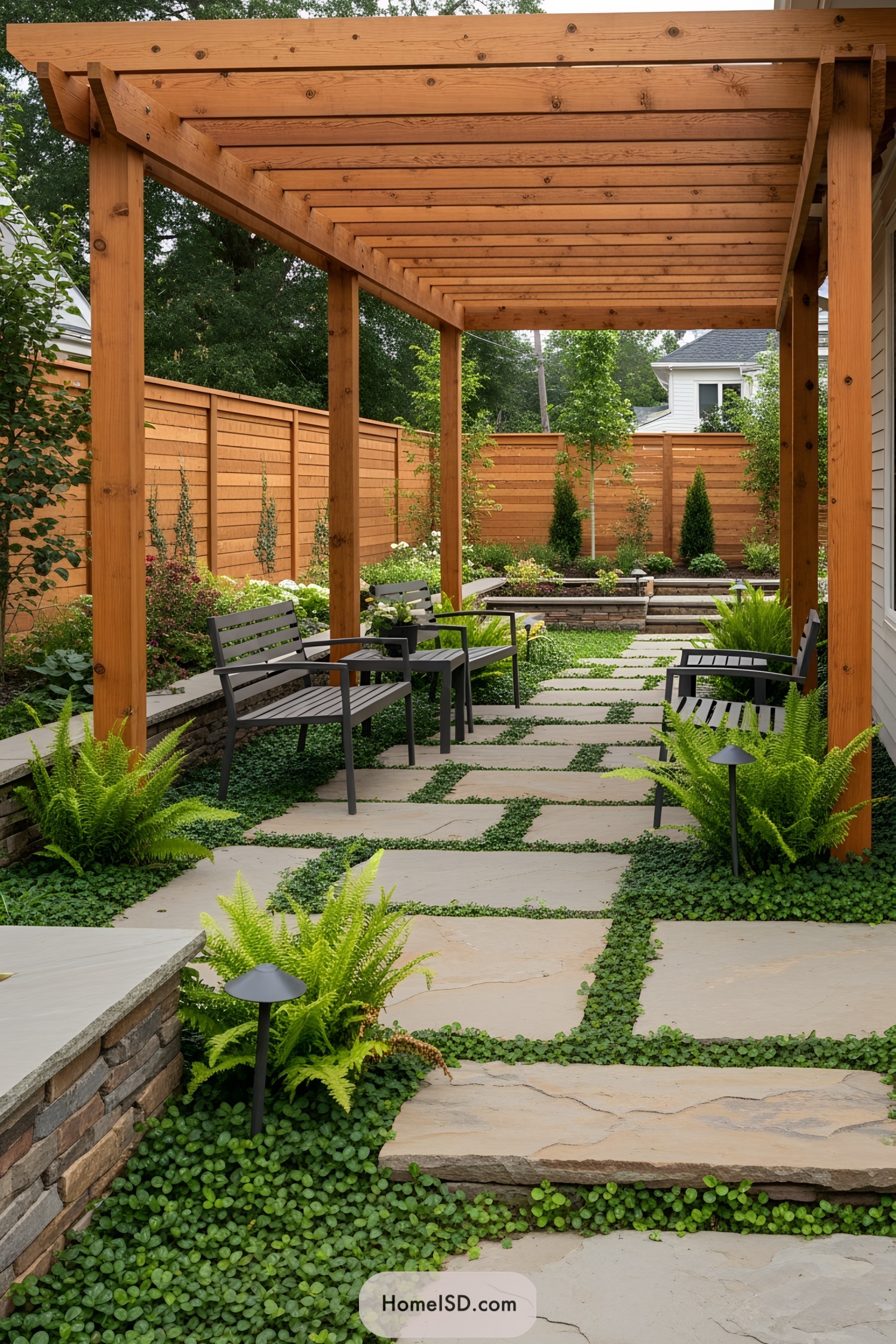 Peaceful side yard with a pergola and greenery