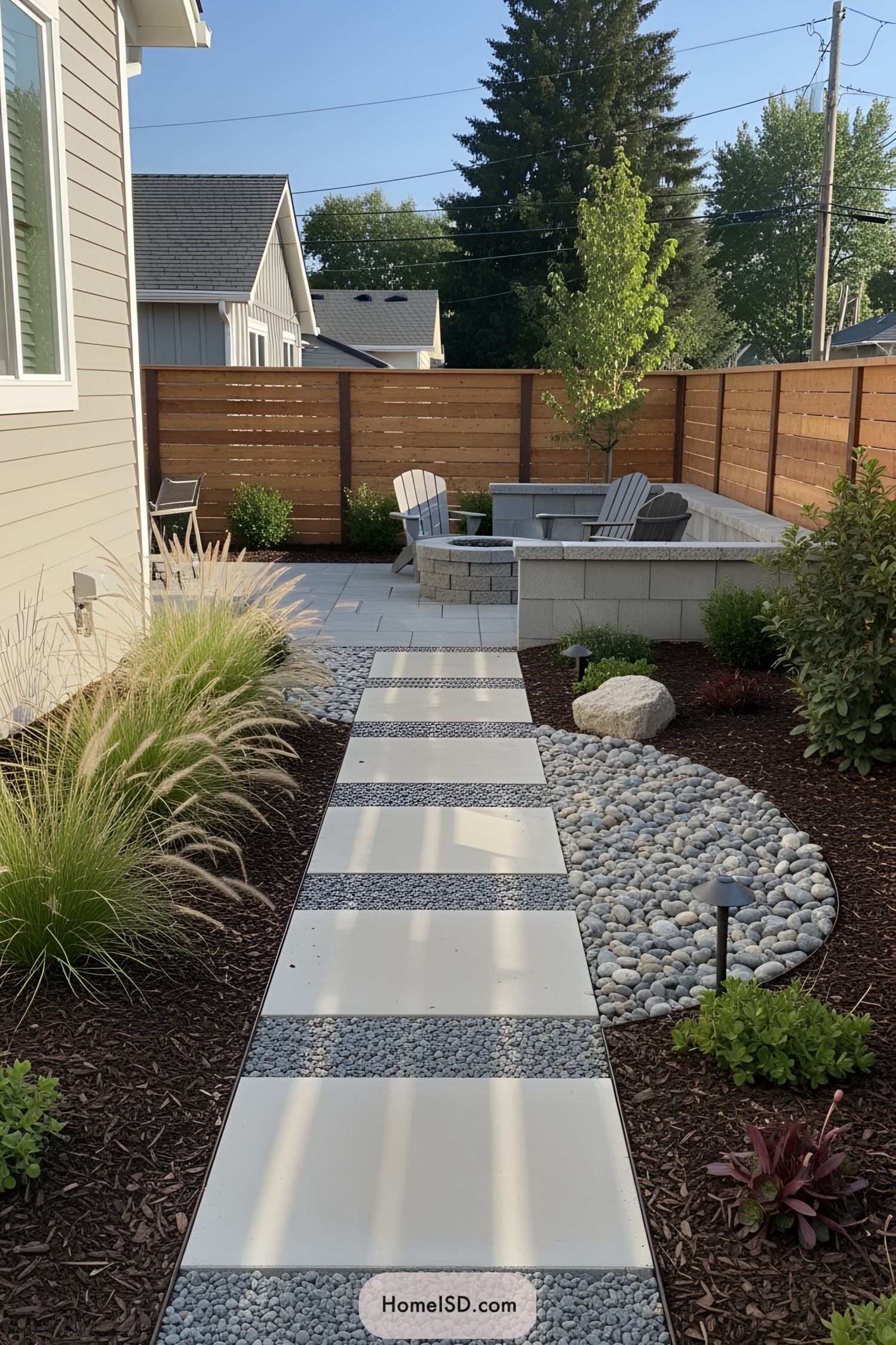 Modern side yard with stepping stones and seating area
