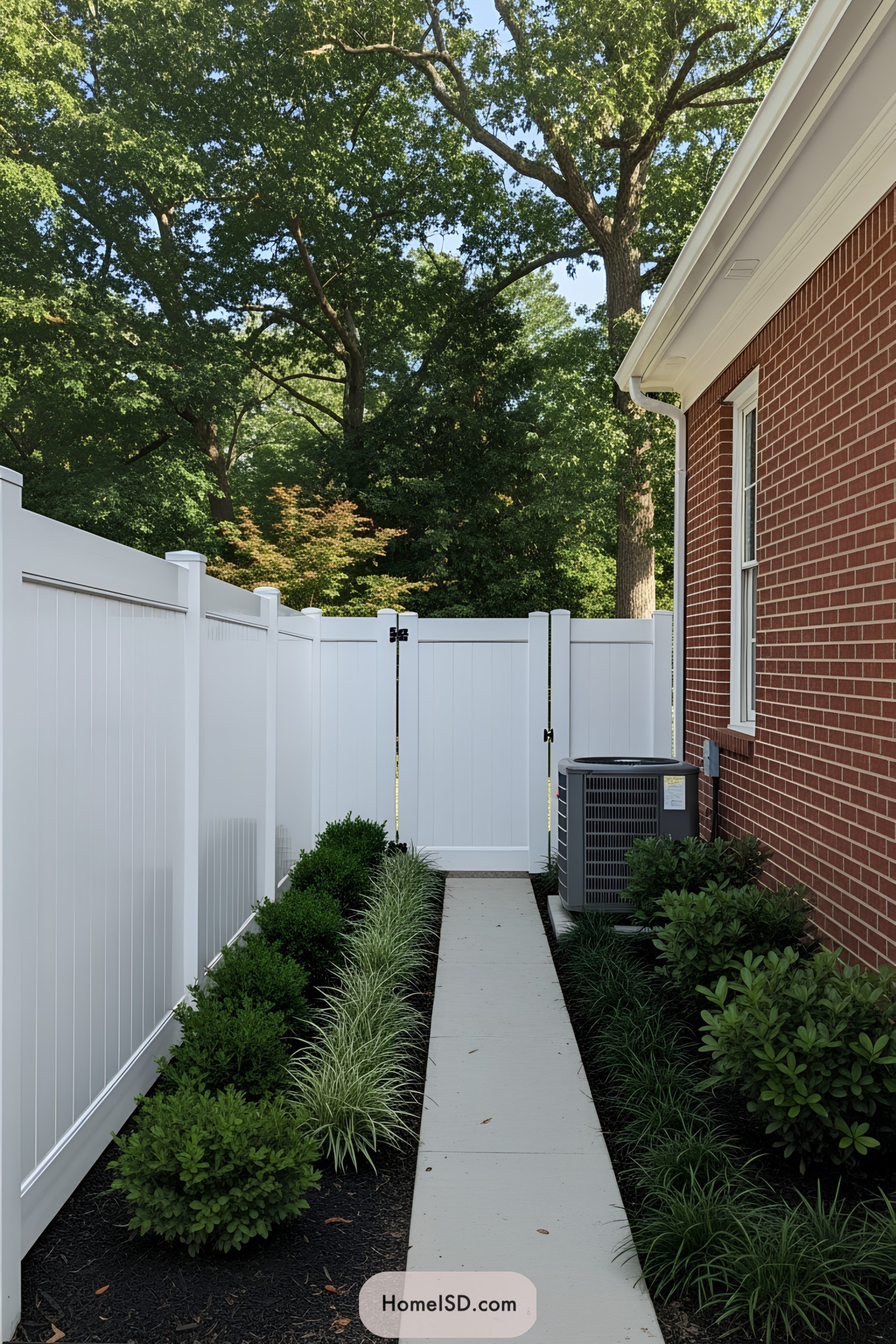 Side yard with shrubs, walkway, and white fence