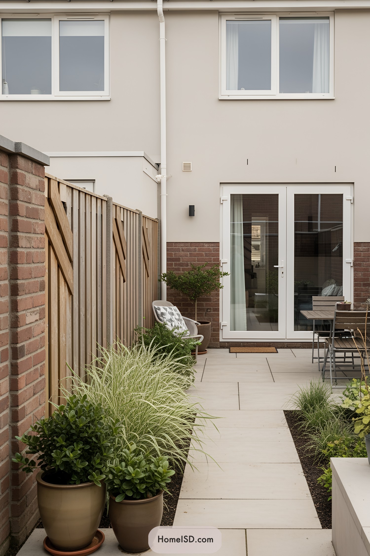 Backyard patio with potted plants and seating