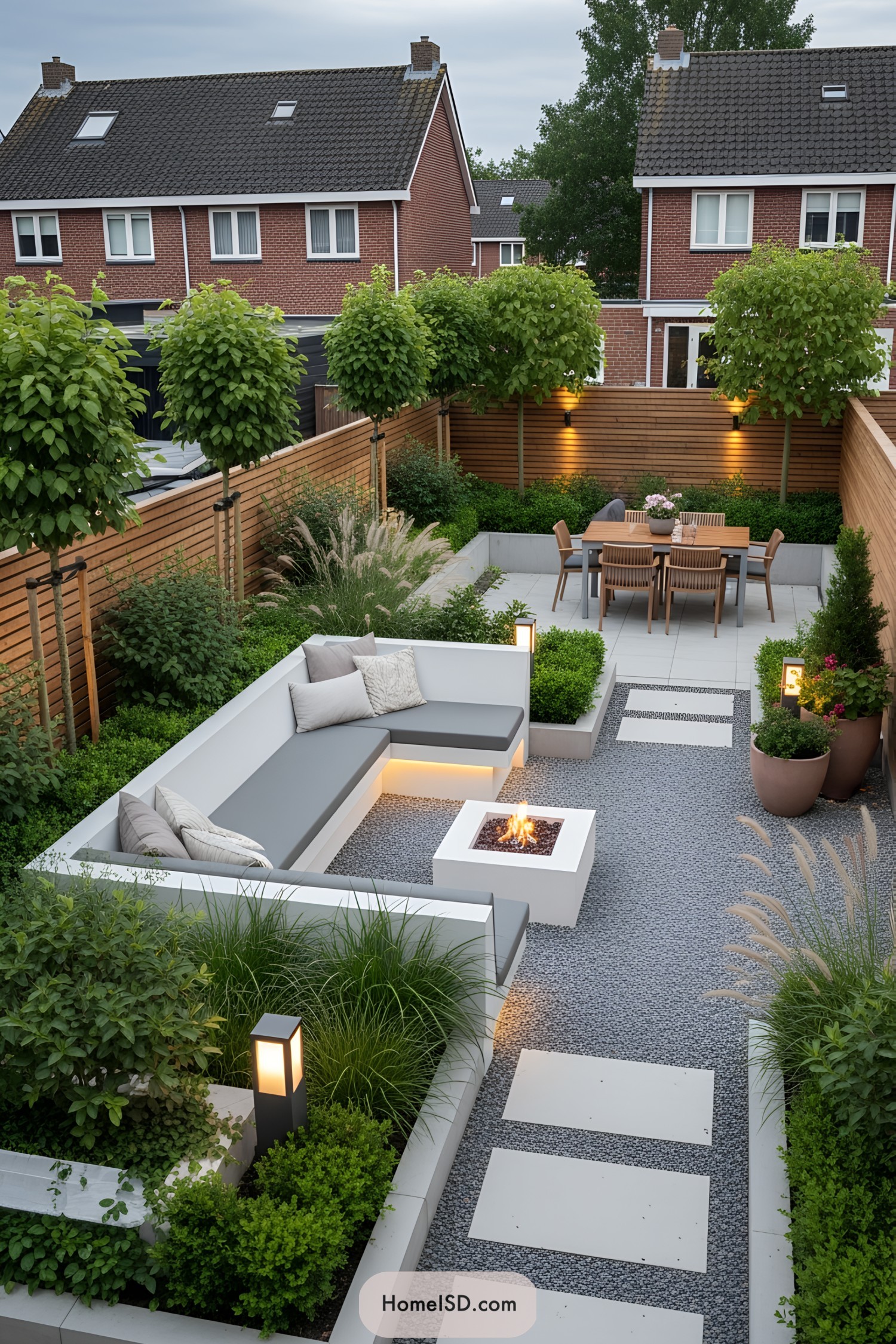 Sophisticated backyard with seating and greenery