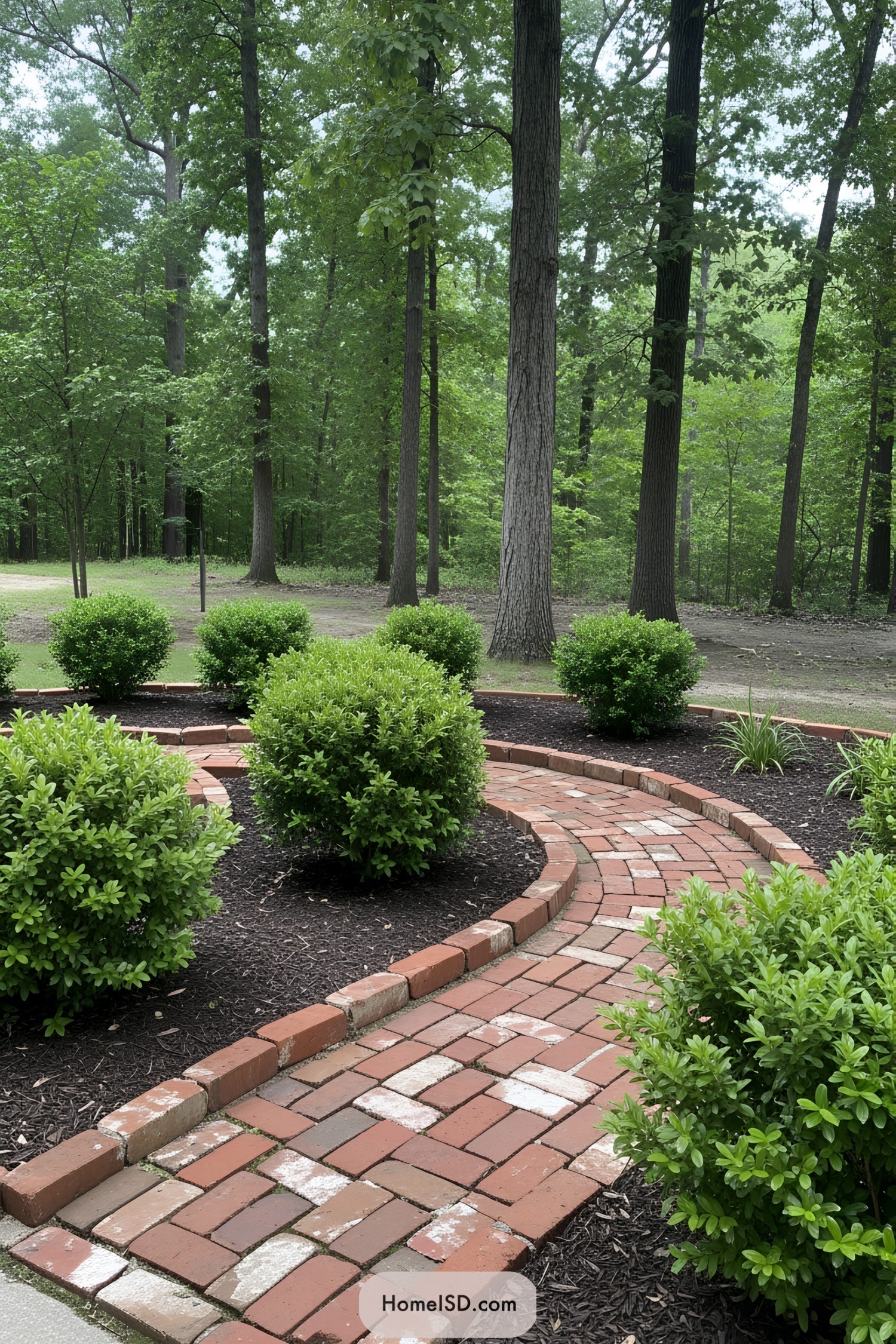 Curved brick path with manicured shrubs in a woodland setting