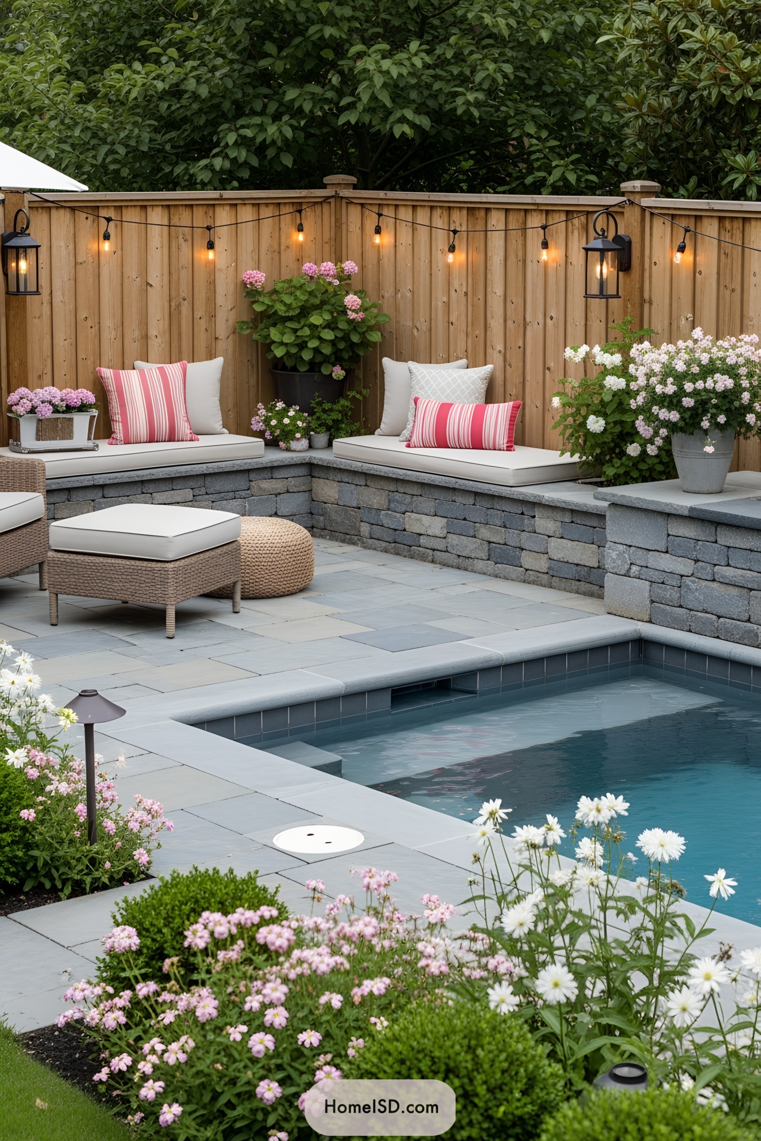Serene small pool in a lush, inviting patio setting