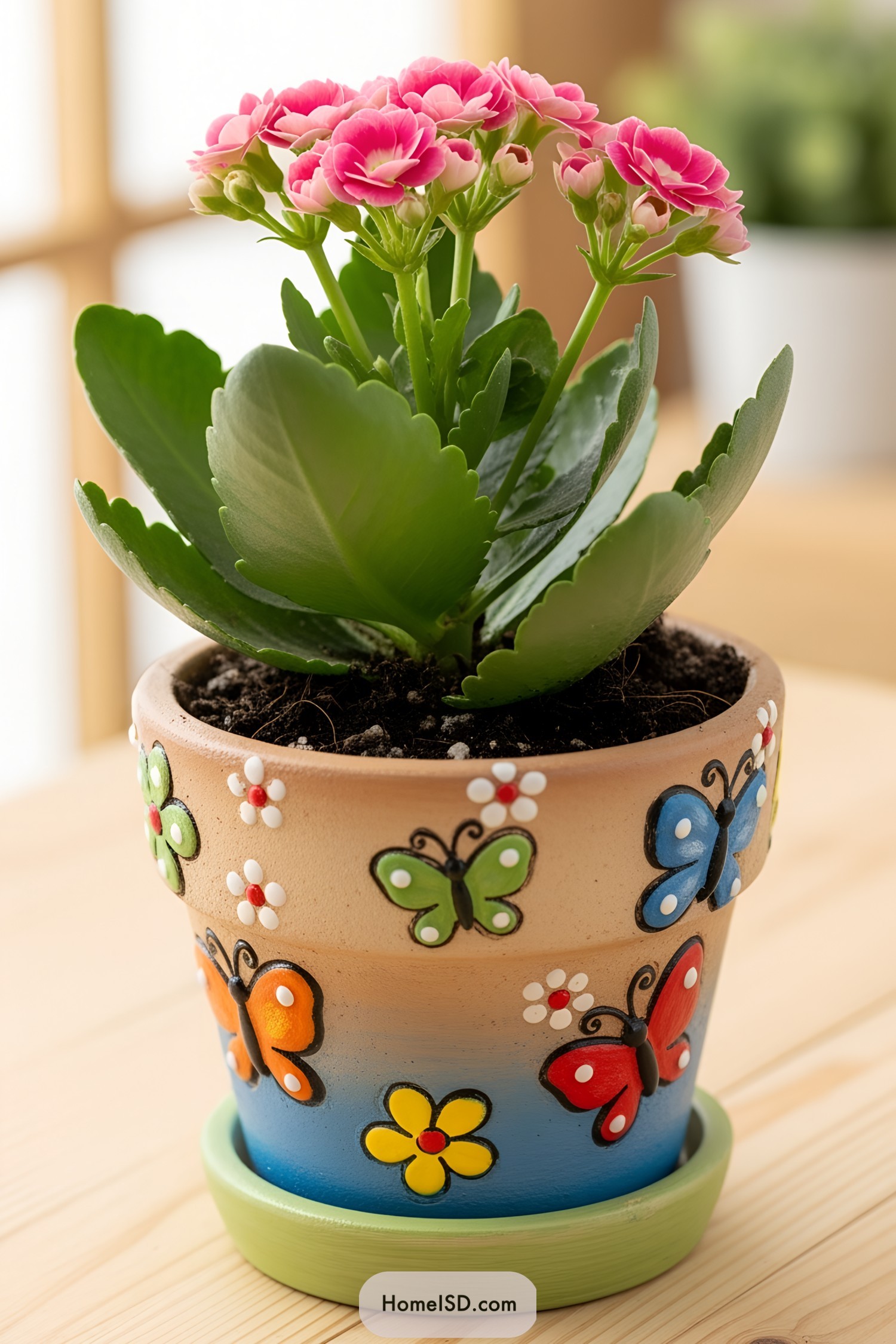 Decorative pot with pink blooms and butterflies