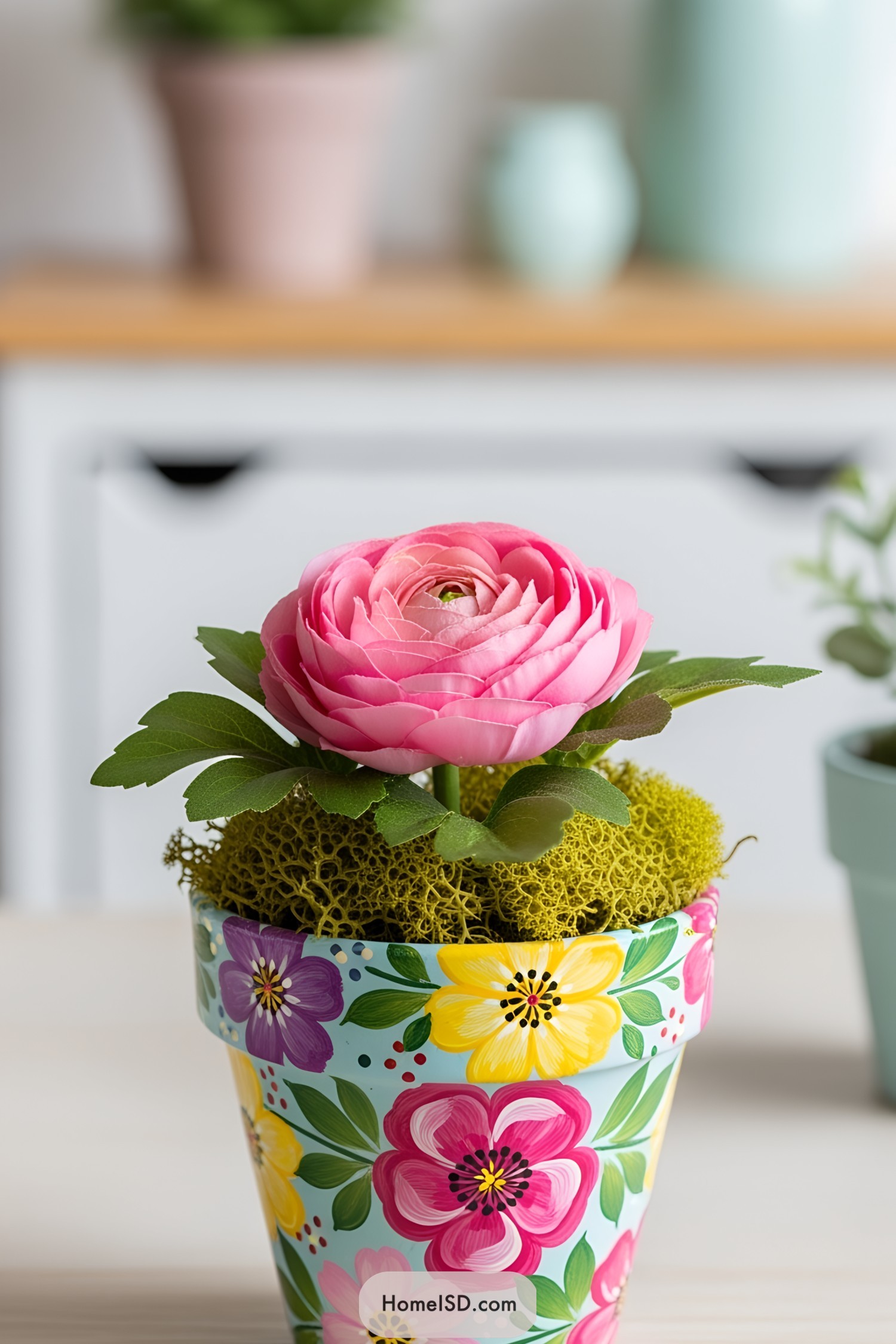 Colorful flower pot with a pink blossom