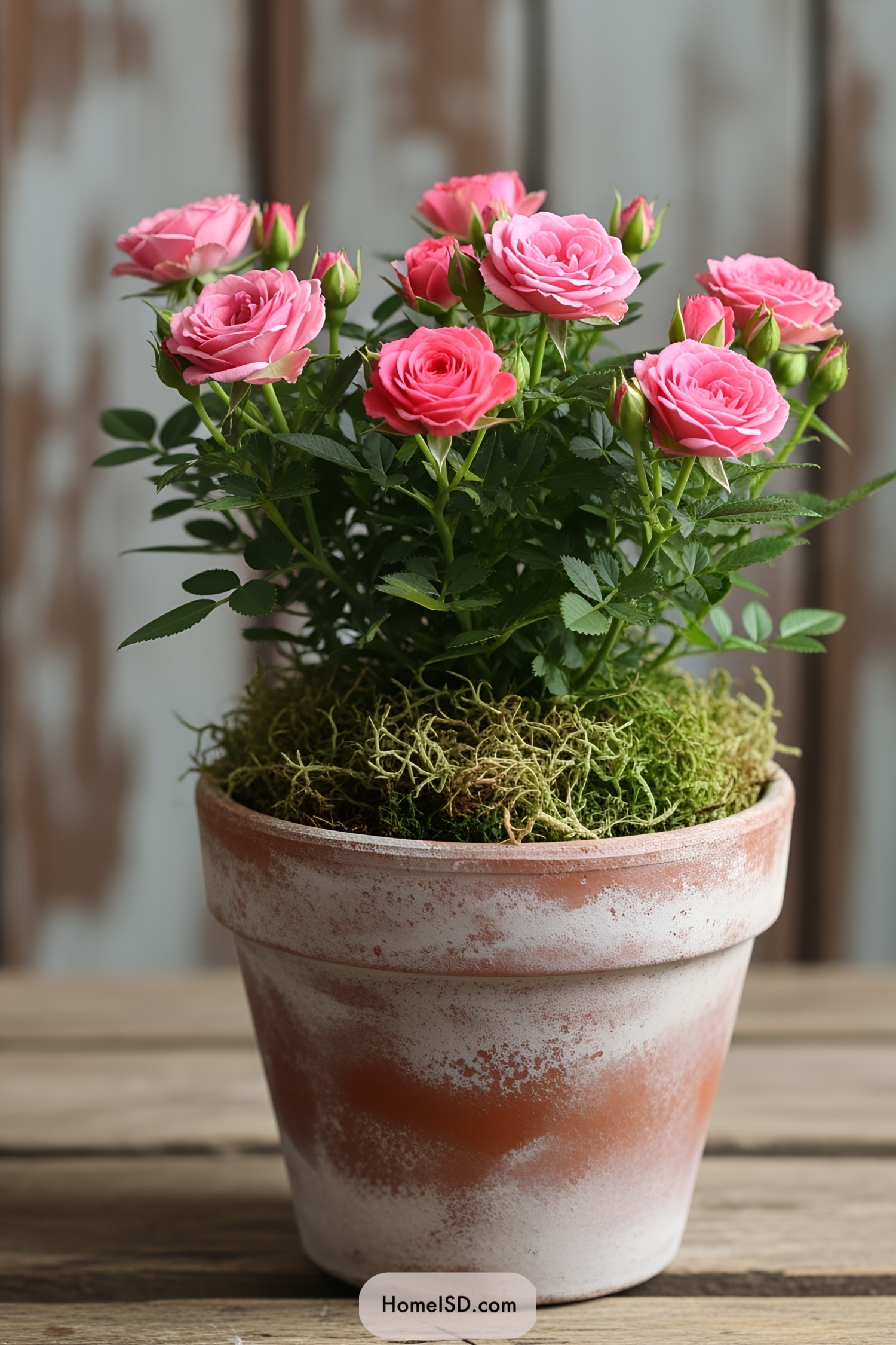 Small pink roses in a rustic clay pot
