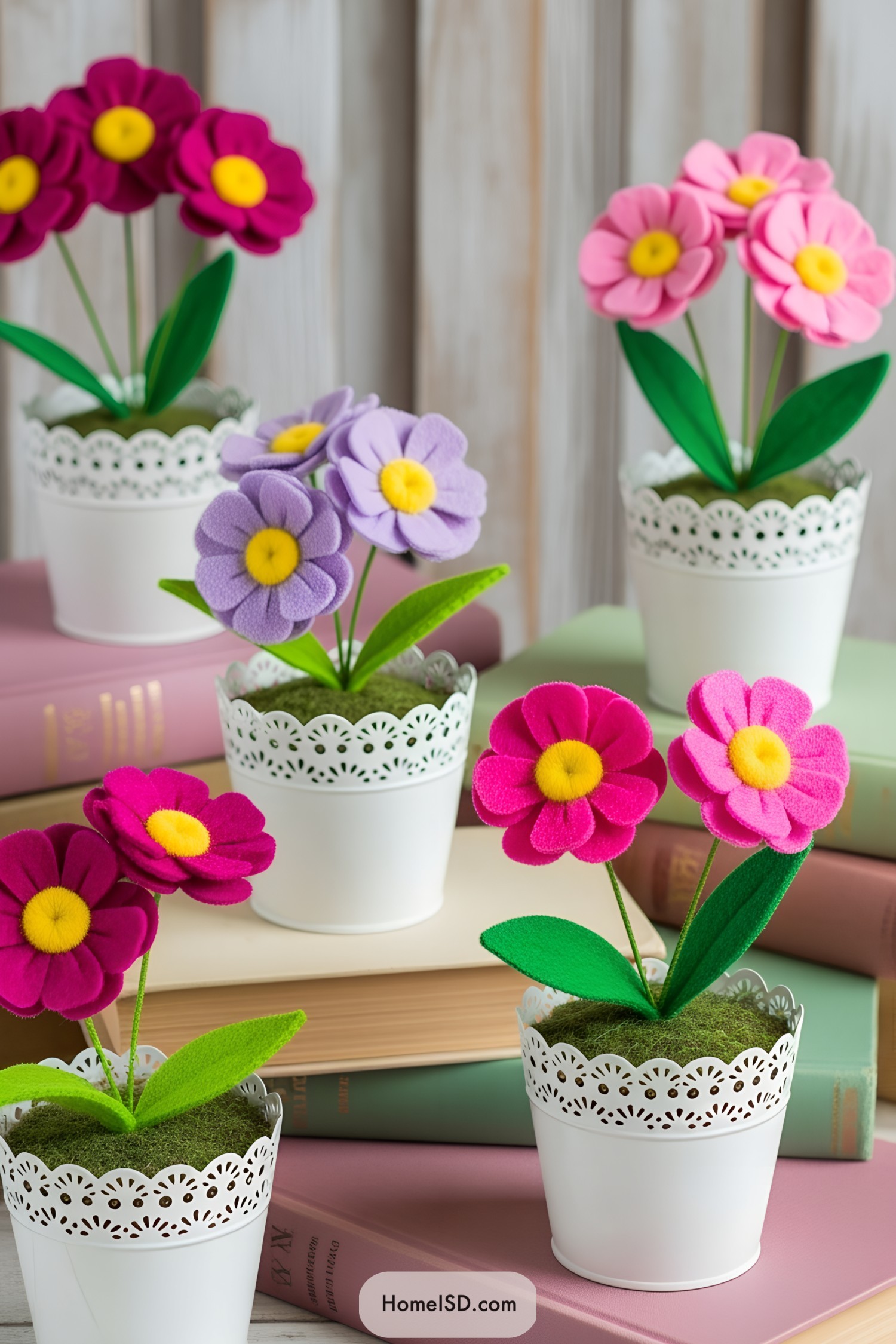 Colorful cloth flowers in lacy white pots