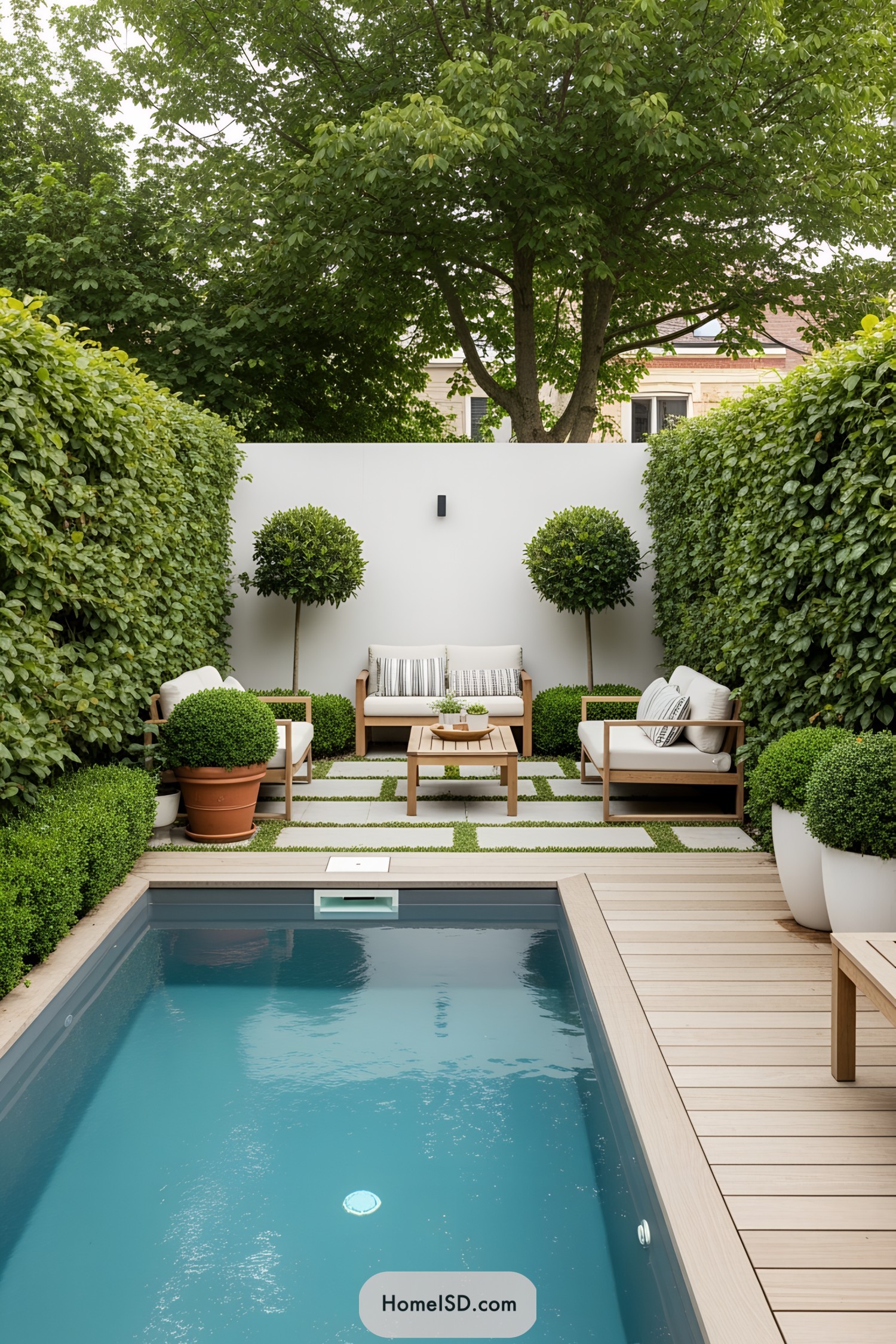 Small backyard oasis with a pool and cozy seating