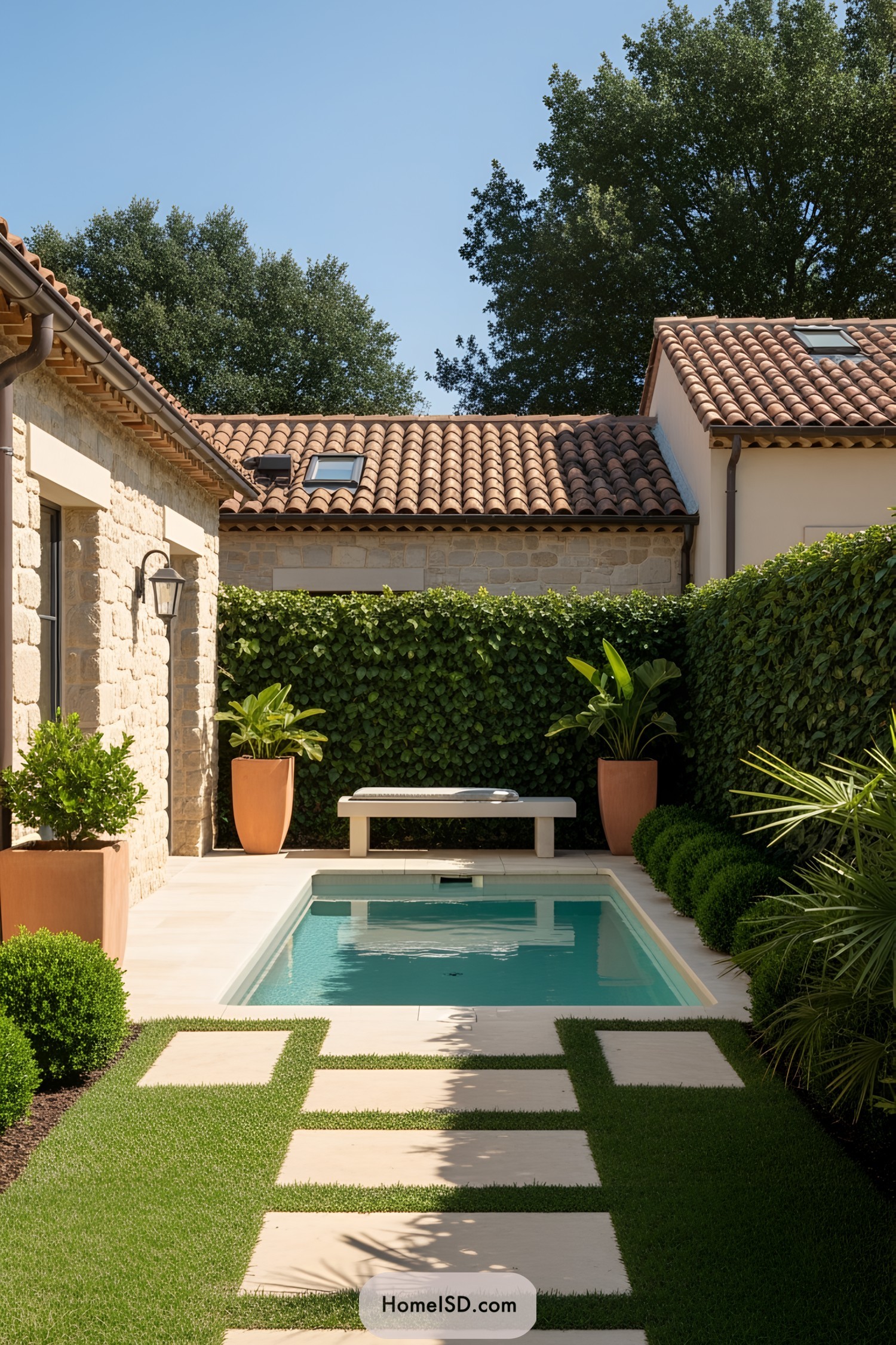 Small pool in a lush backyard with stone paving and a privacy hedge