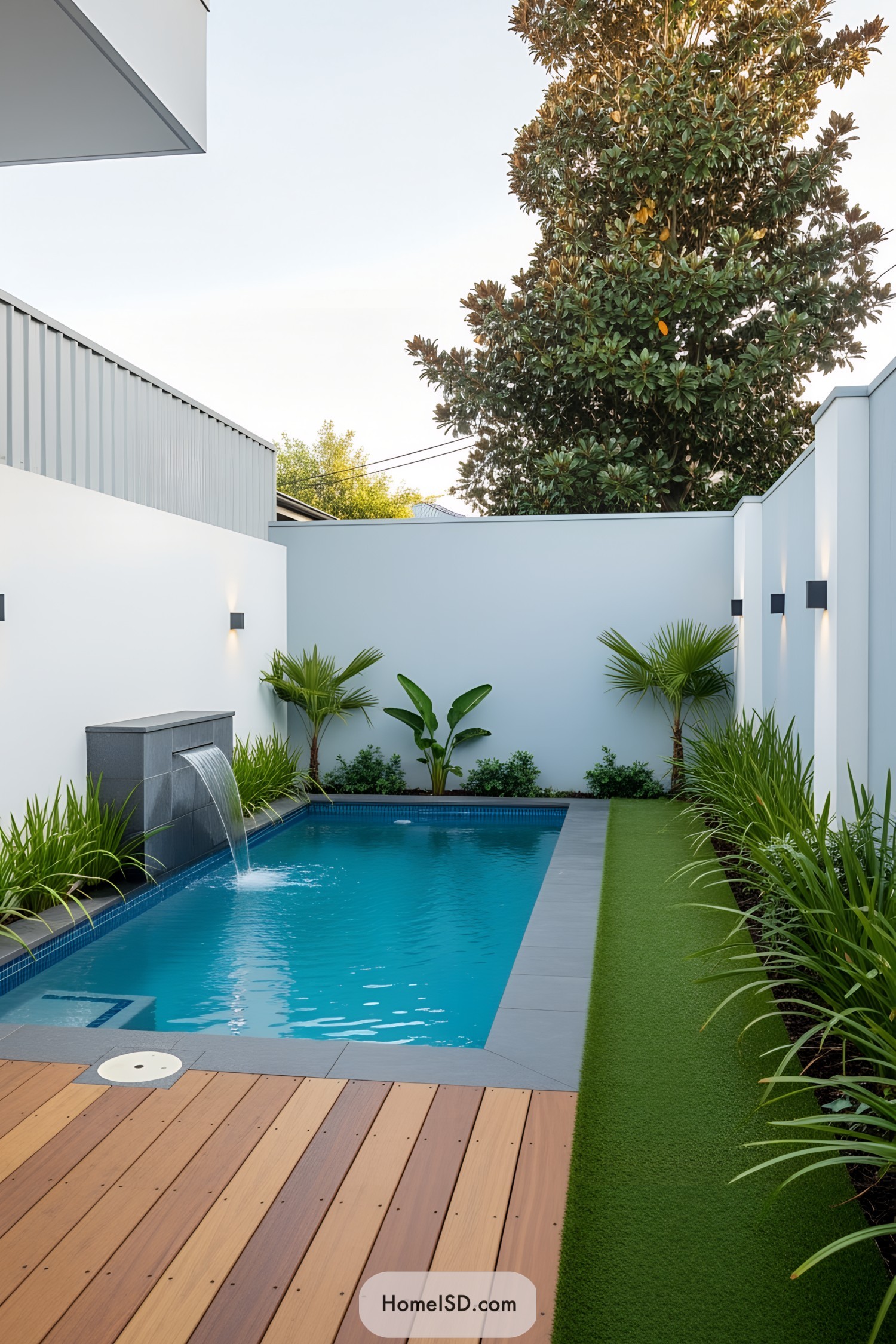 Compact pool with modern waterfall feature and lush greenery