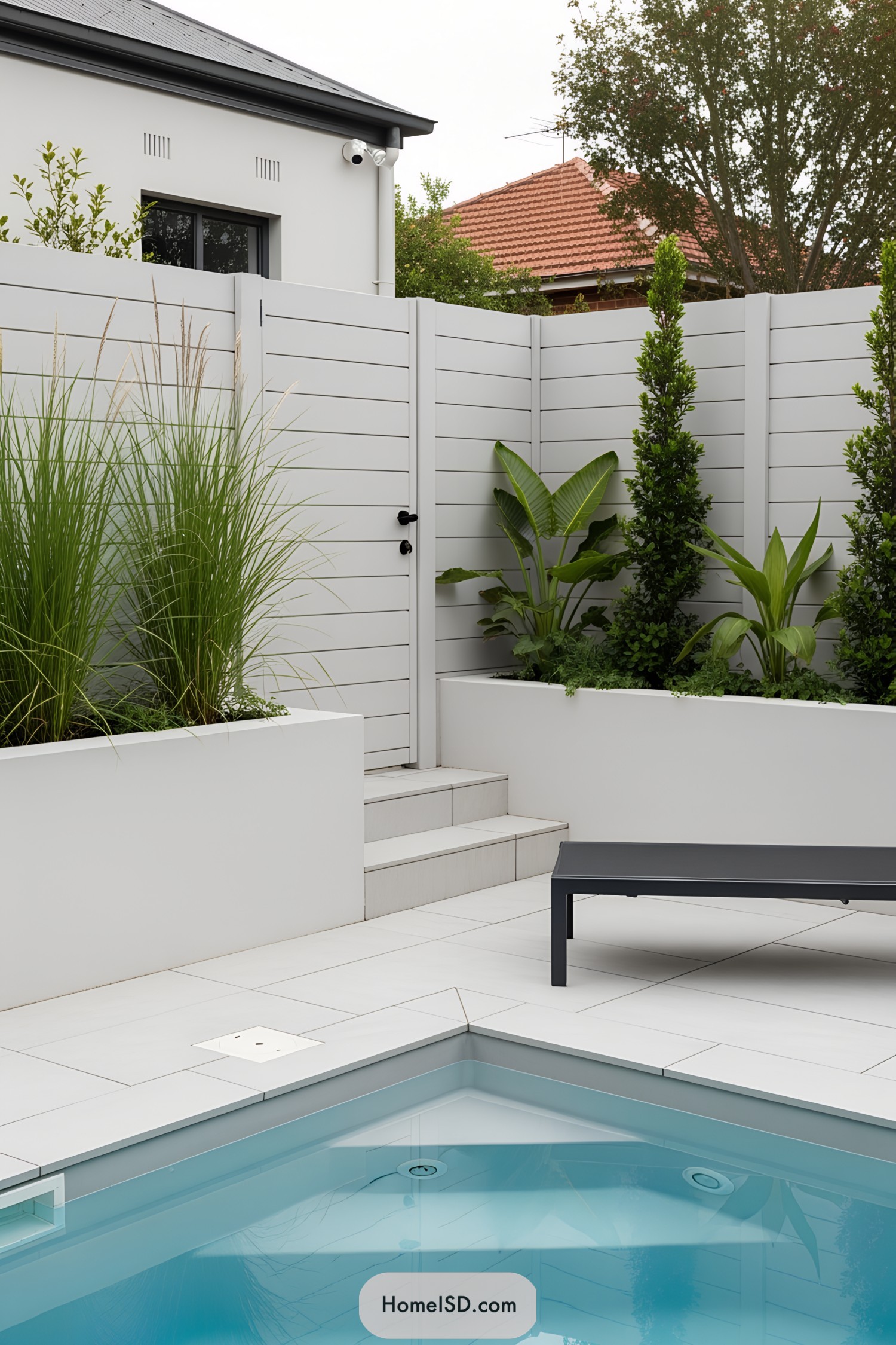 Compact pool surrounded by modern decking and lush plants