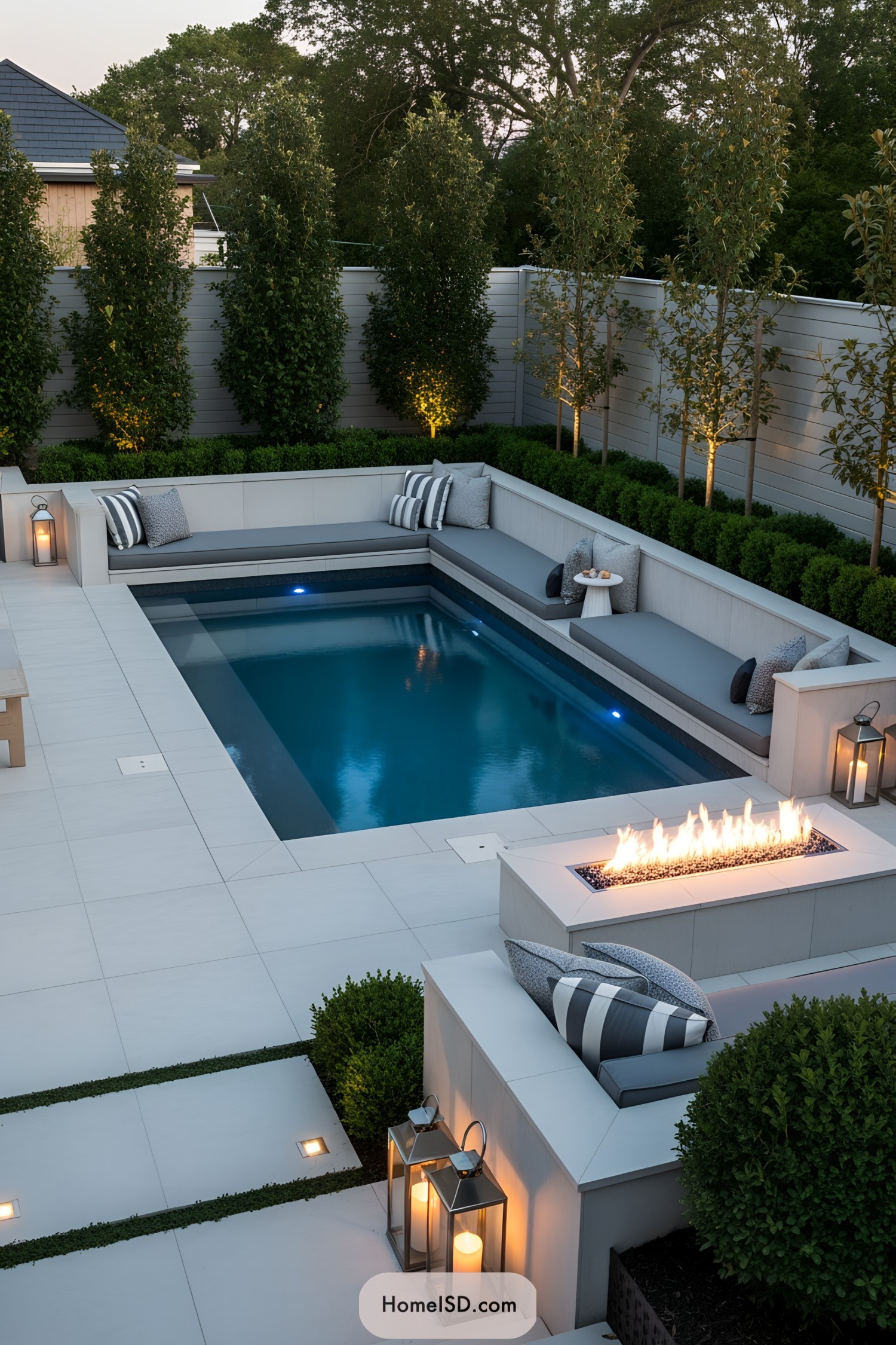 Sophisticated contemporary courtyard pool with seating and fire pit