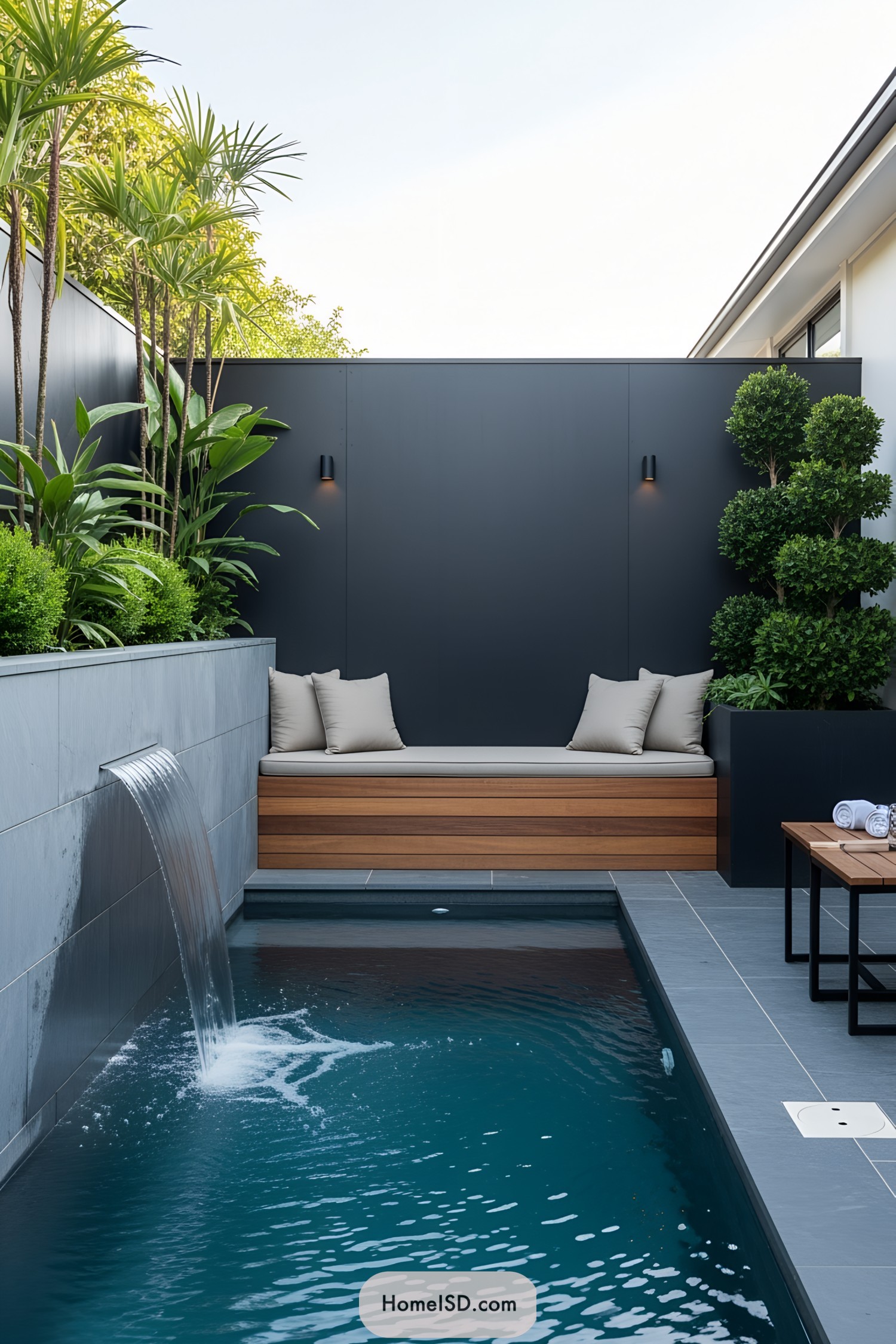 Modern mini pool with waterfall and lush greenery