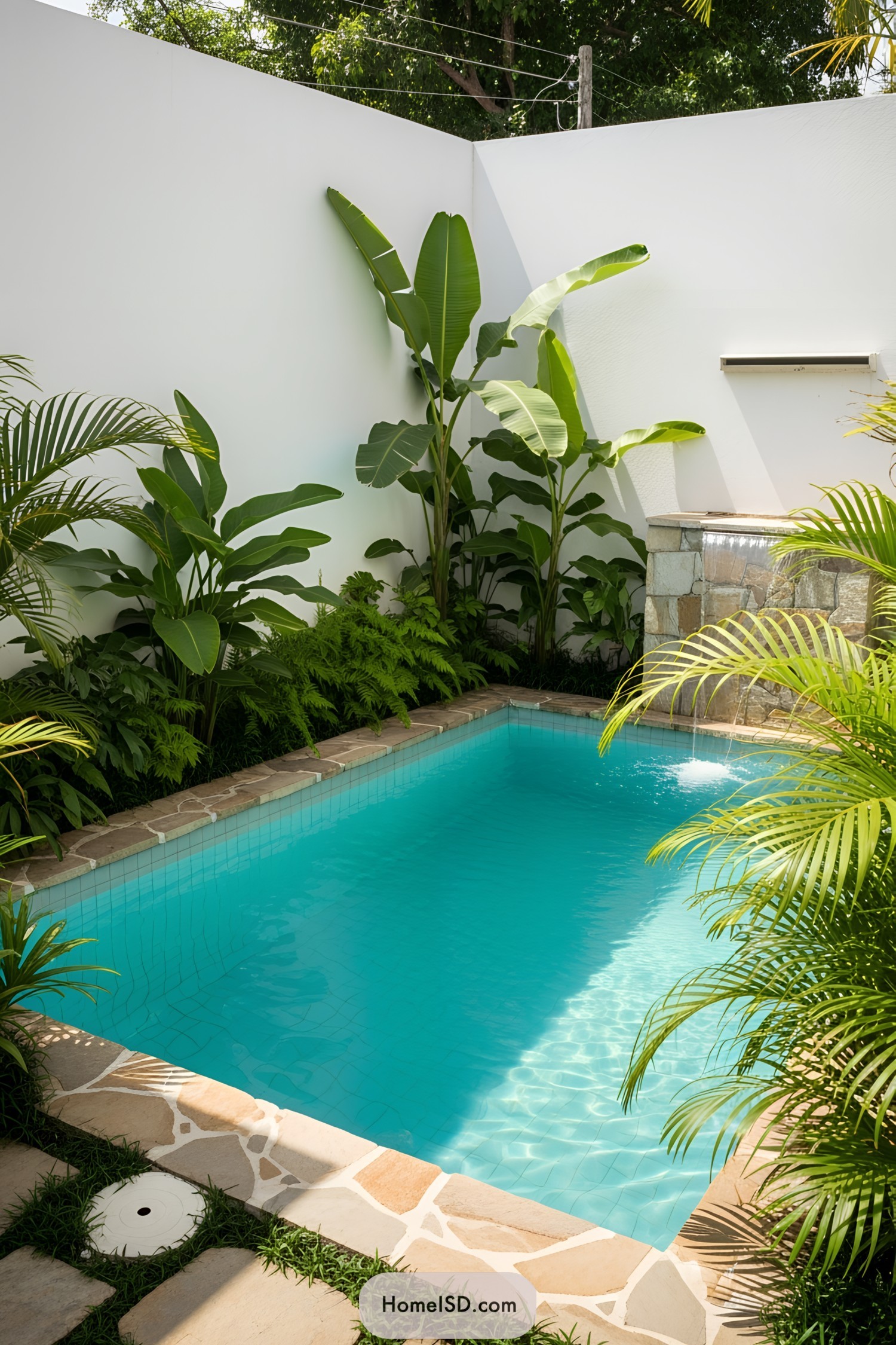 Small pool with tropical plants and a stone fountain in a cozy courtyard