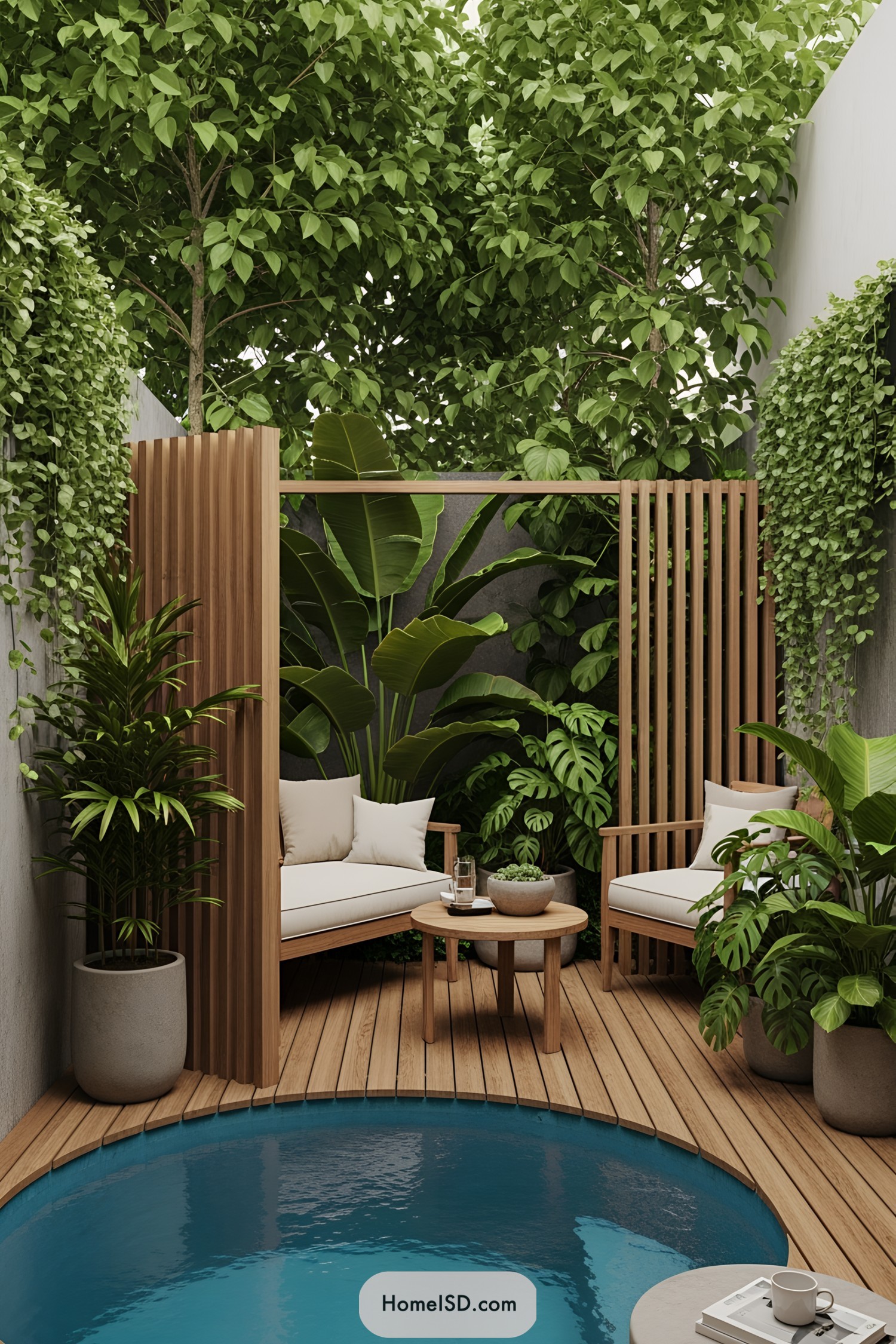 Small, round pool with lush greenery and wooden seating area