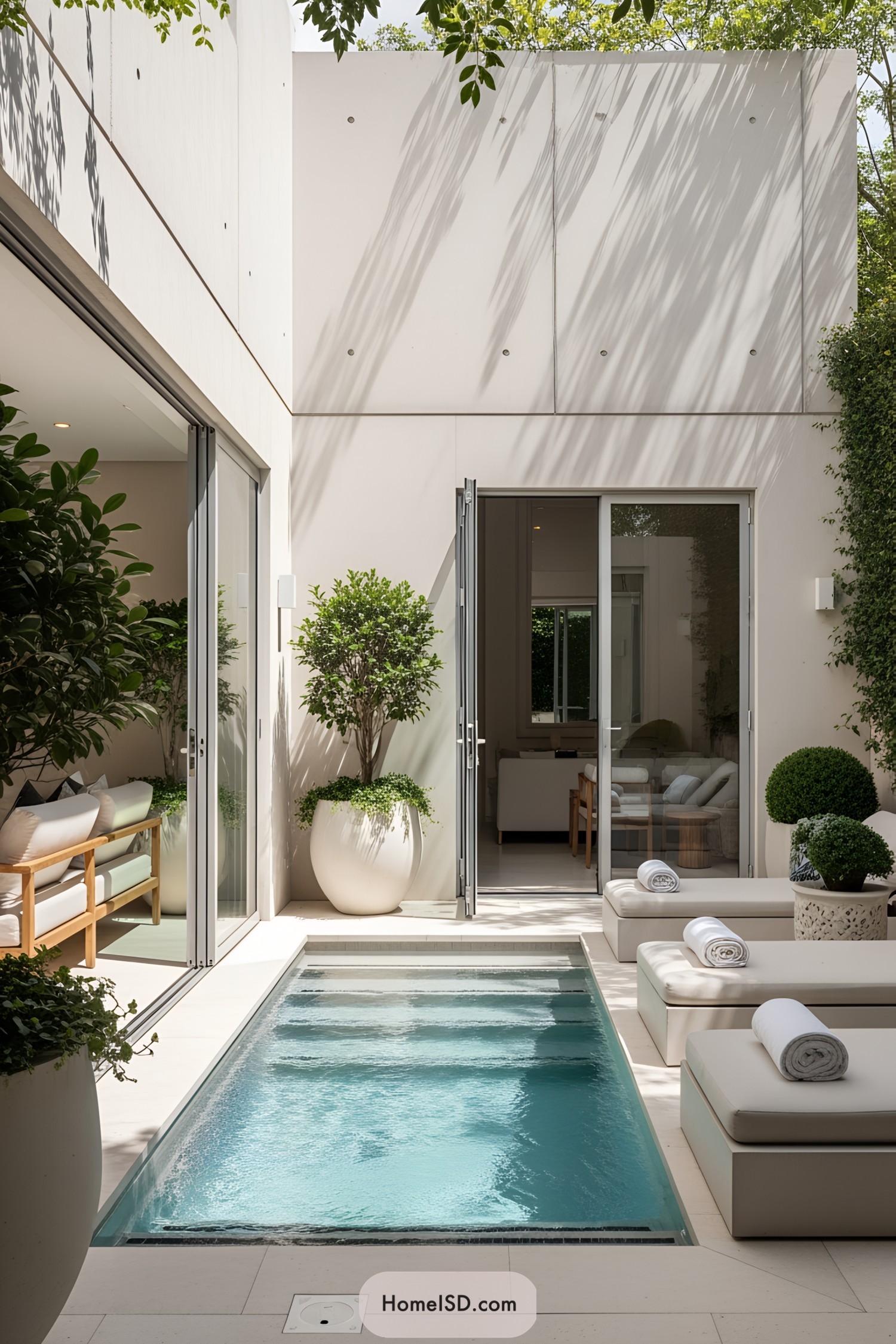 Small rectangular pool in a minimalist courtyard surrounded by lush greenery