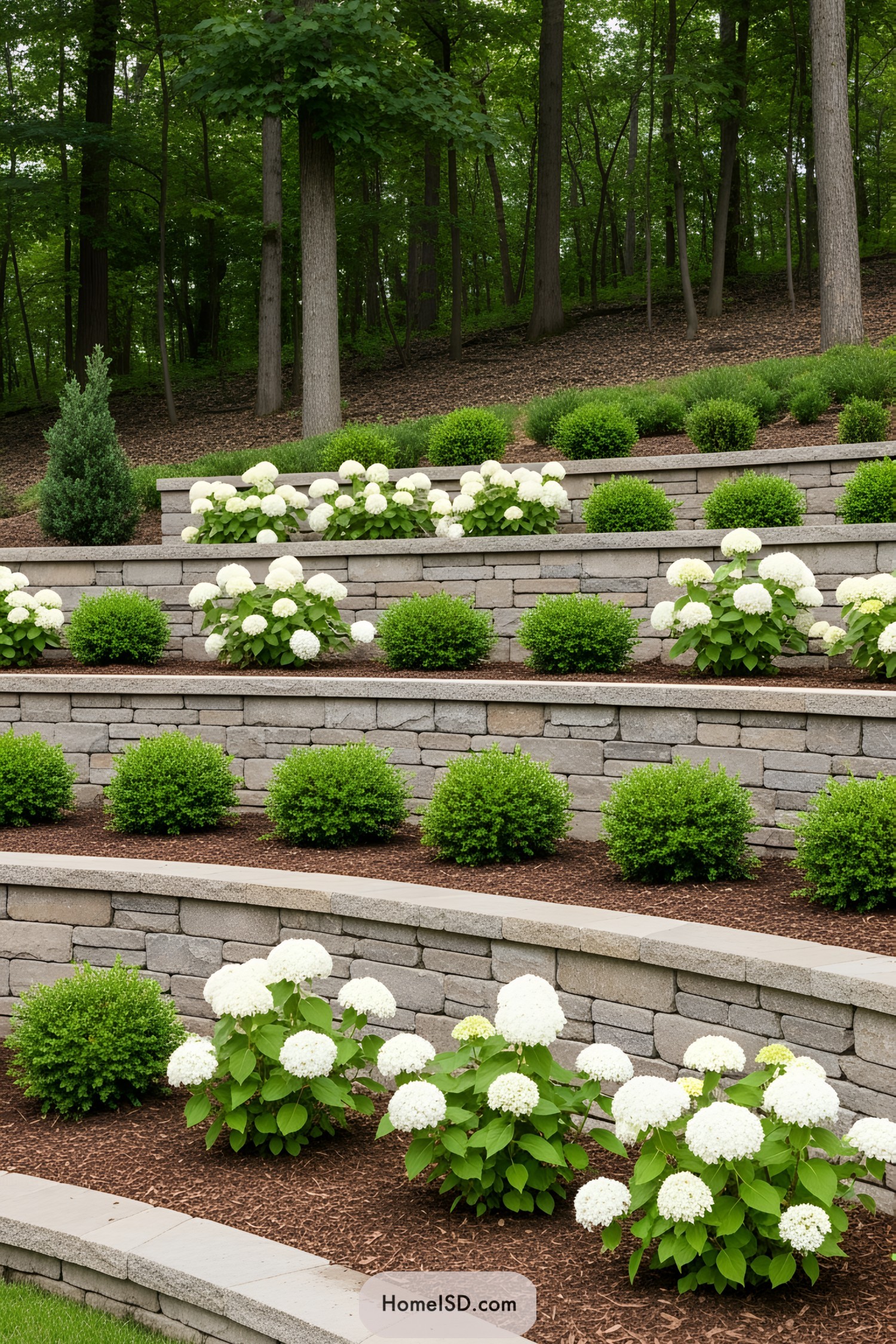 Tiered stone retaining walls with white hydrangeas and manicured shrubs