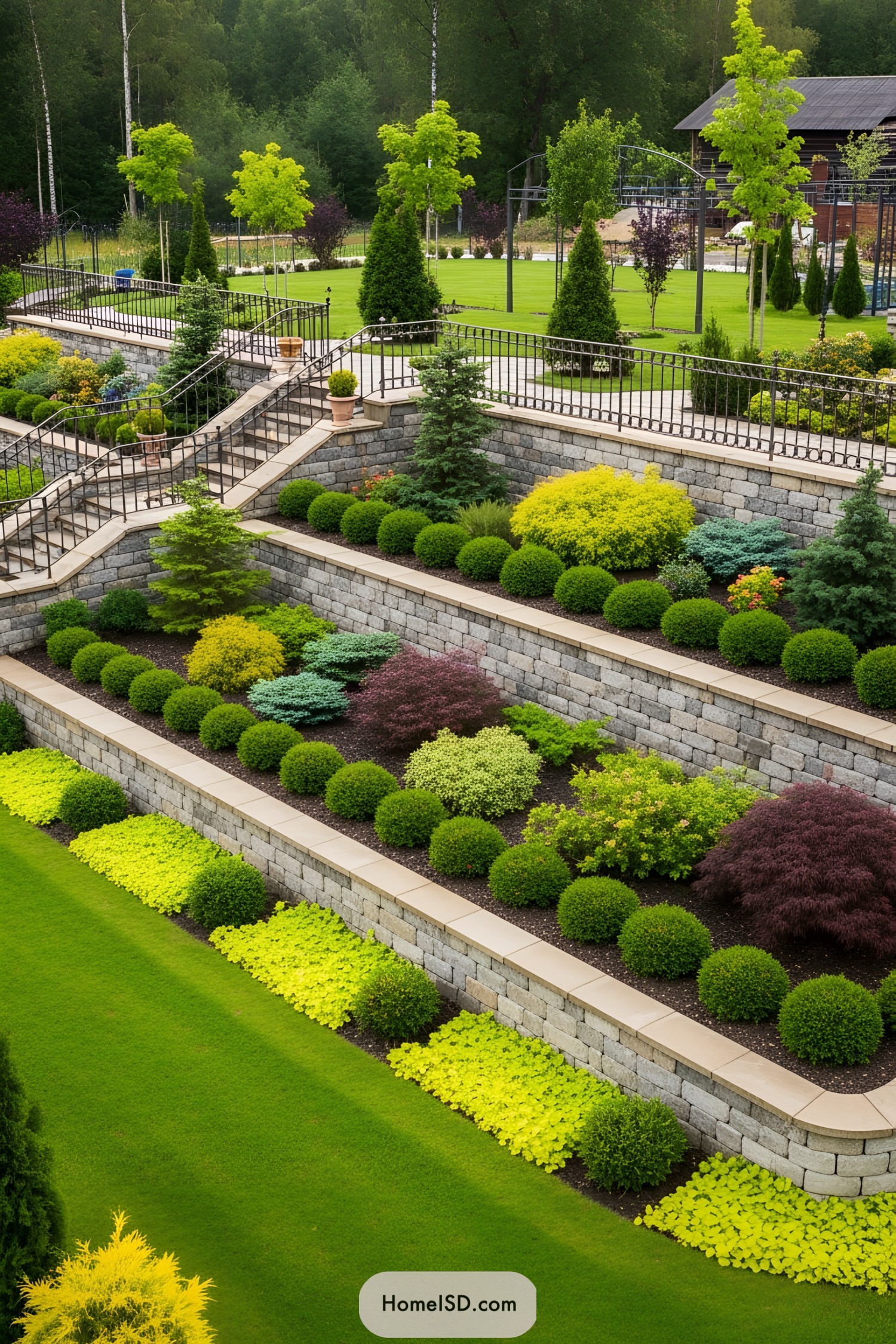 Elegant tiered garden with manicured shrubs and stone walls