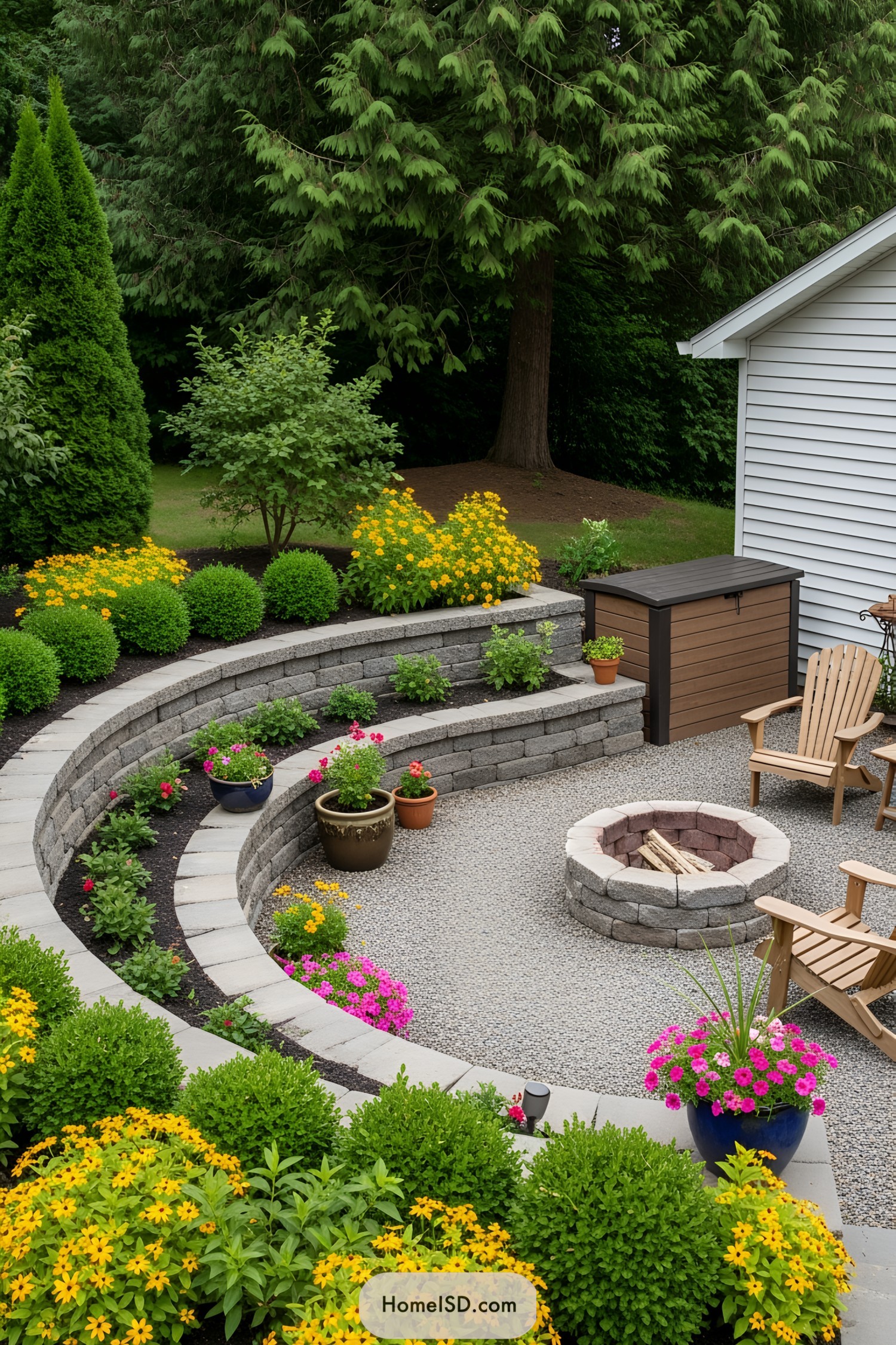 Circular stone patio with tiered flower beds and fire pit