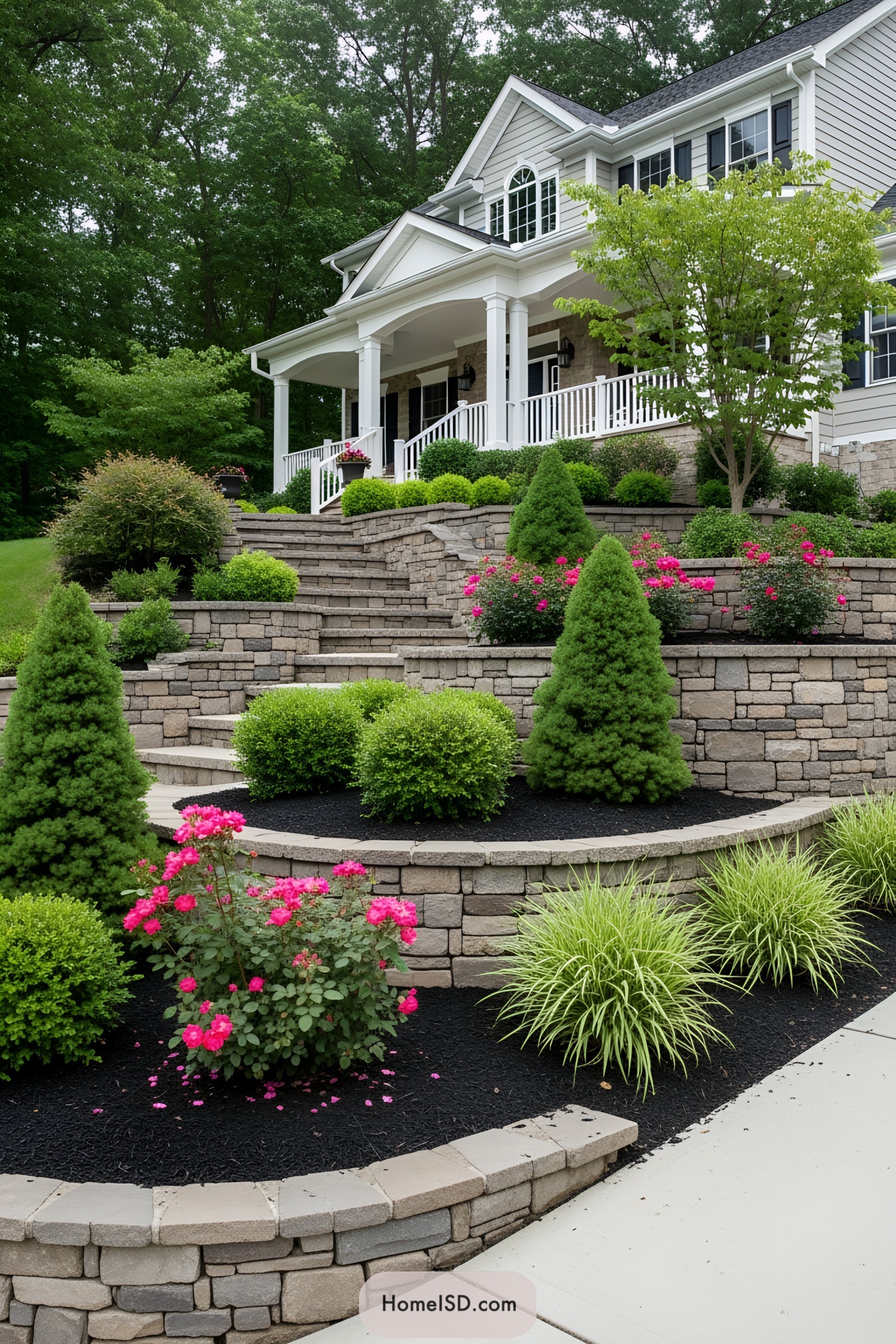Elegant terraced garden with lush plants and stone walls