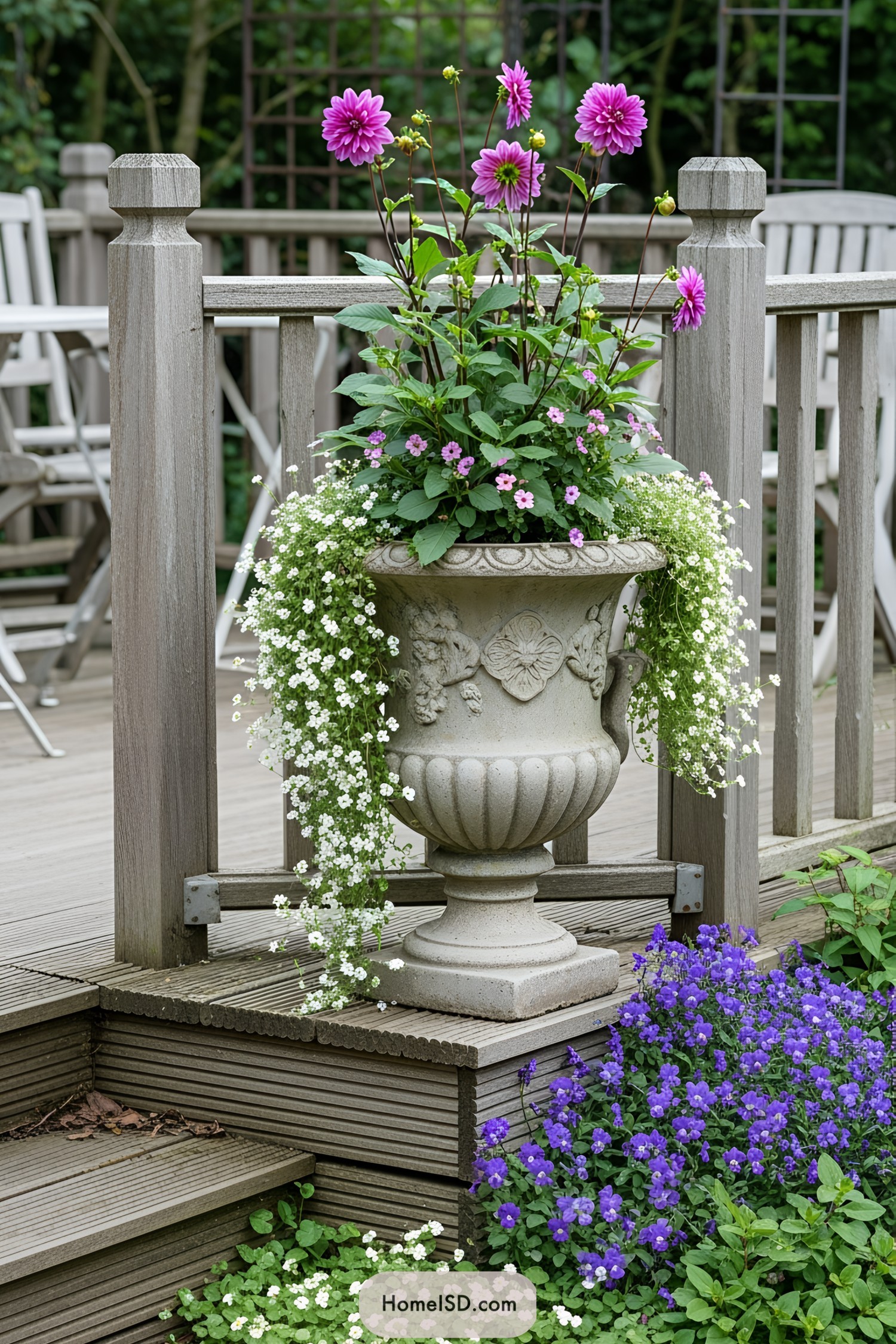 Elegant stone flower pot with cascading blooms on a wooden deck