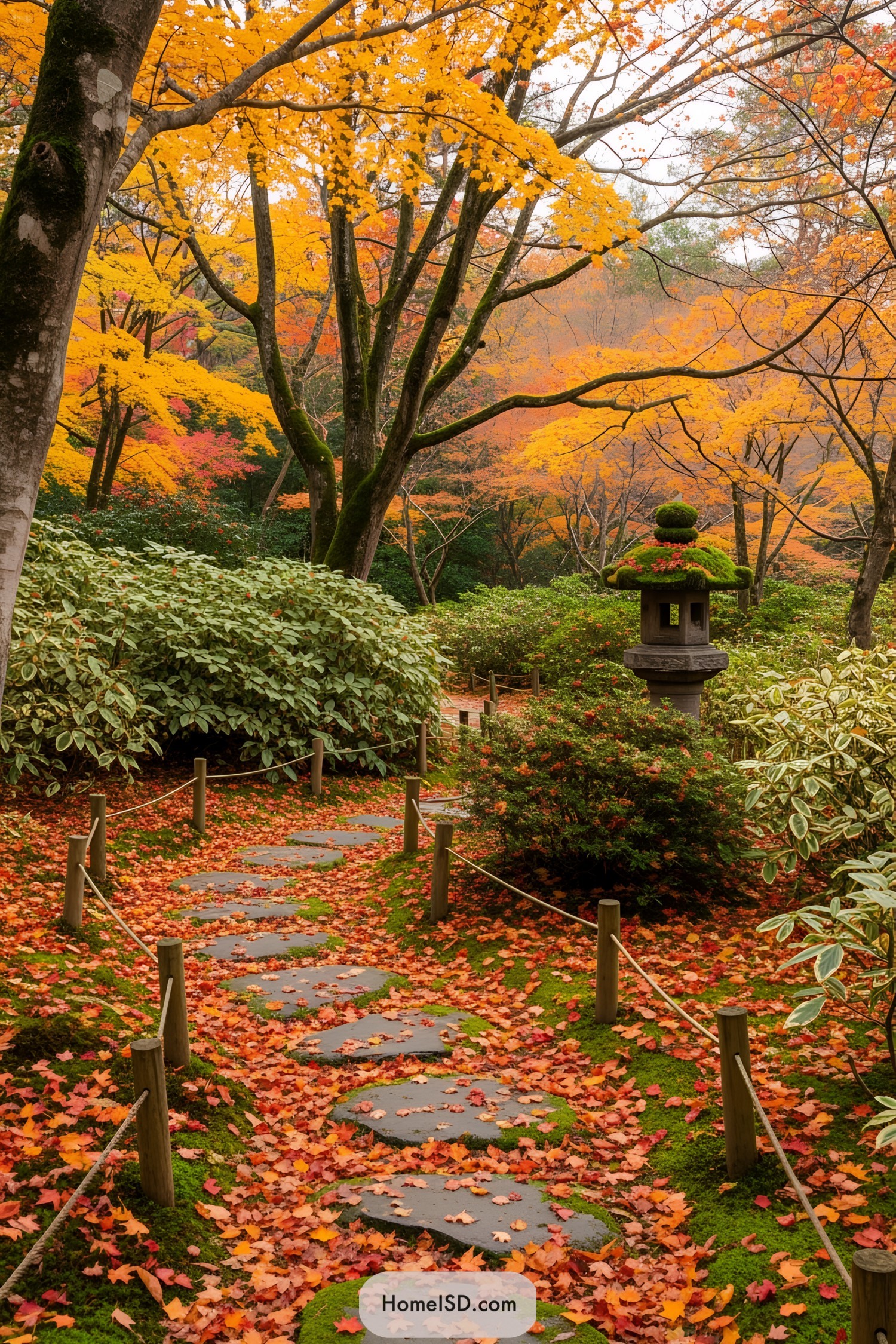Winding garden path covered in vibrant autumn leaves
