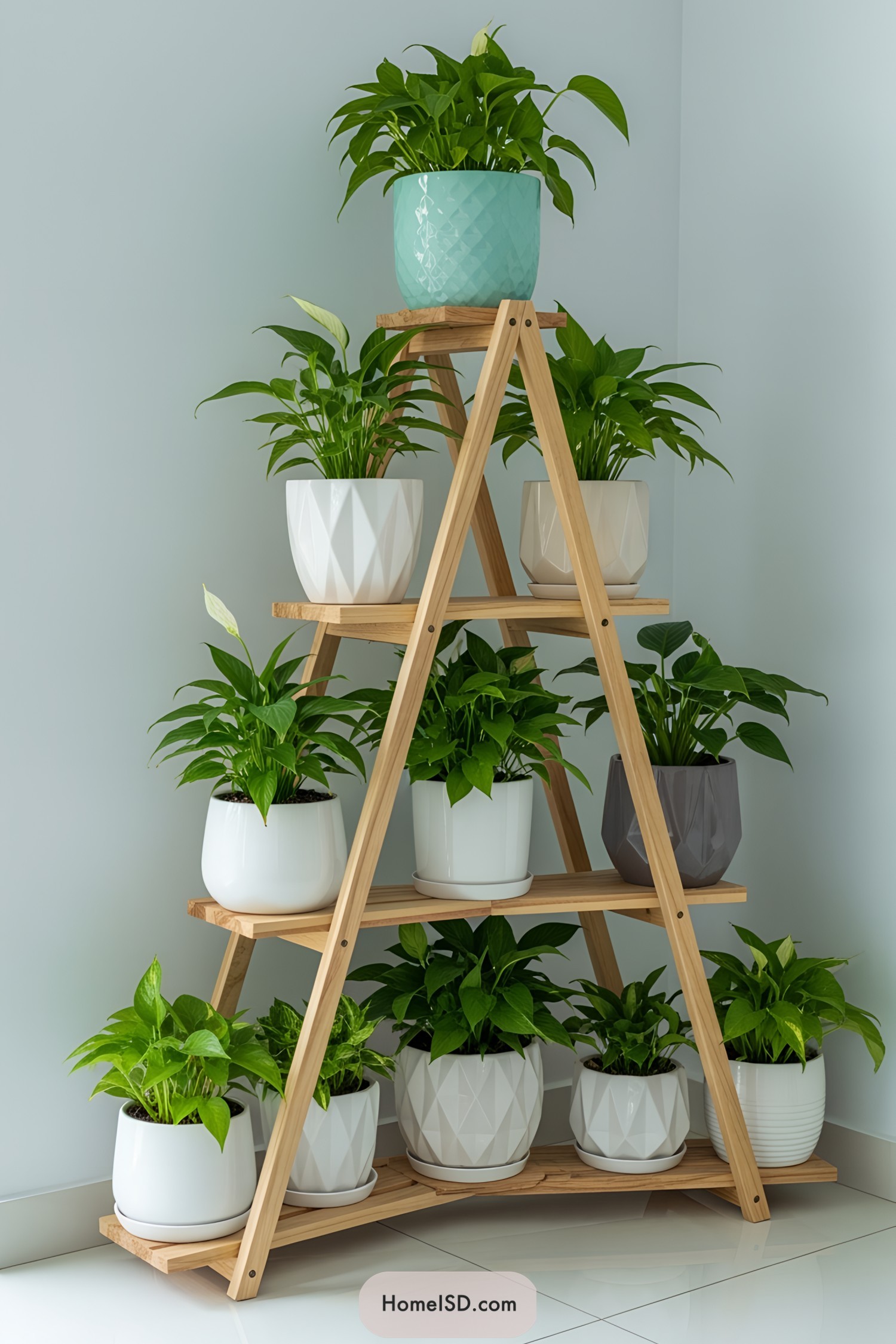 A-frame plant stand with geometric pots
